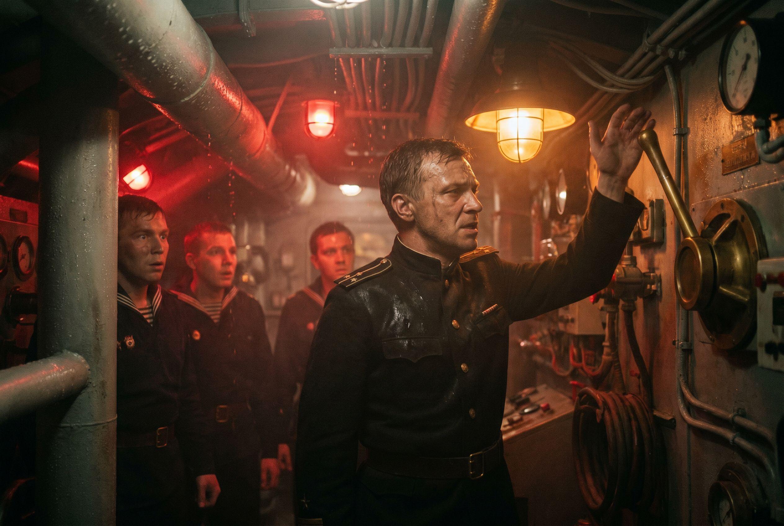 A Soviet submarine officer raises his hand in a red-lit control room, 1962