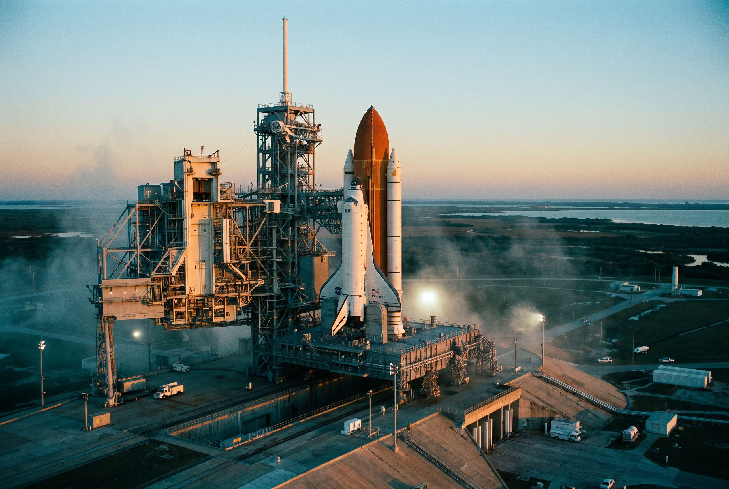 Space Shuttle Challenger on the pad before dawn under a clear cold sky, no frost on the tower