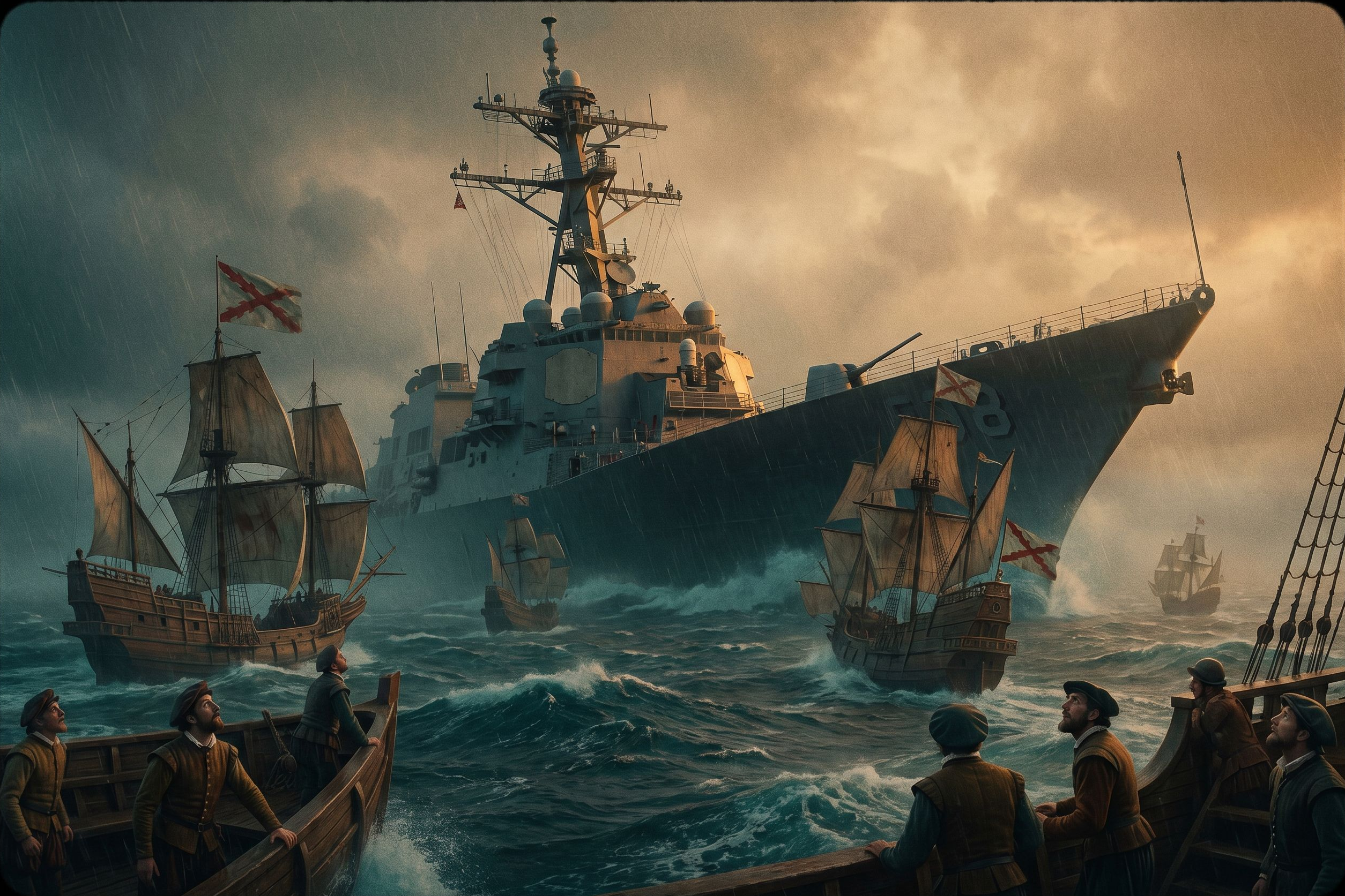 A grey guided-missile destroyer looms among Spanish galleons in a Channel storm