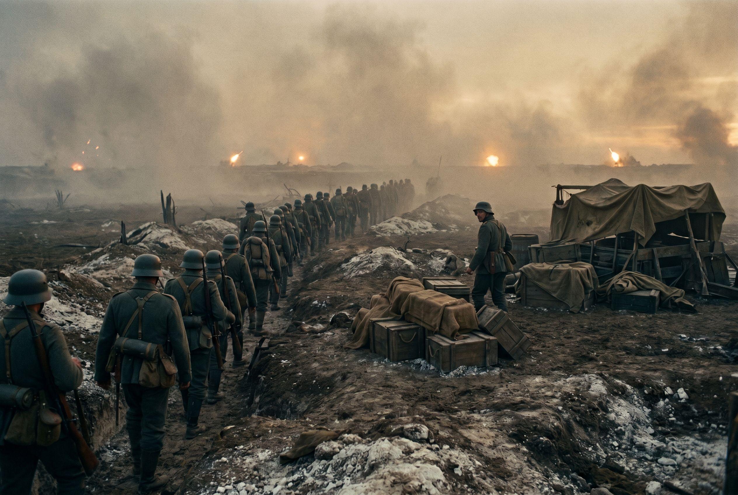 German storm troopers filing past a stacked British supply dump in dawn fog, artillery flashes on the horizon