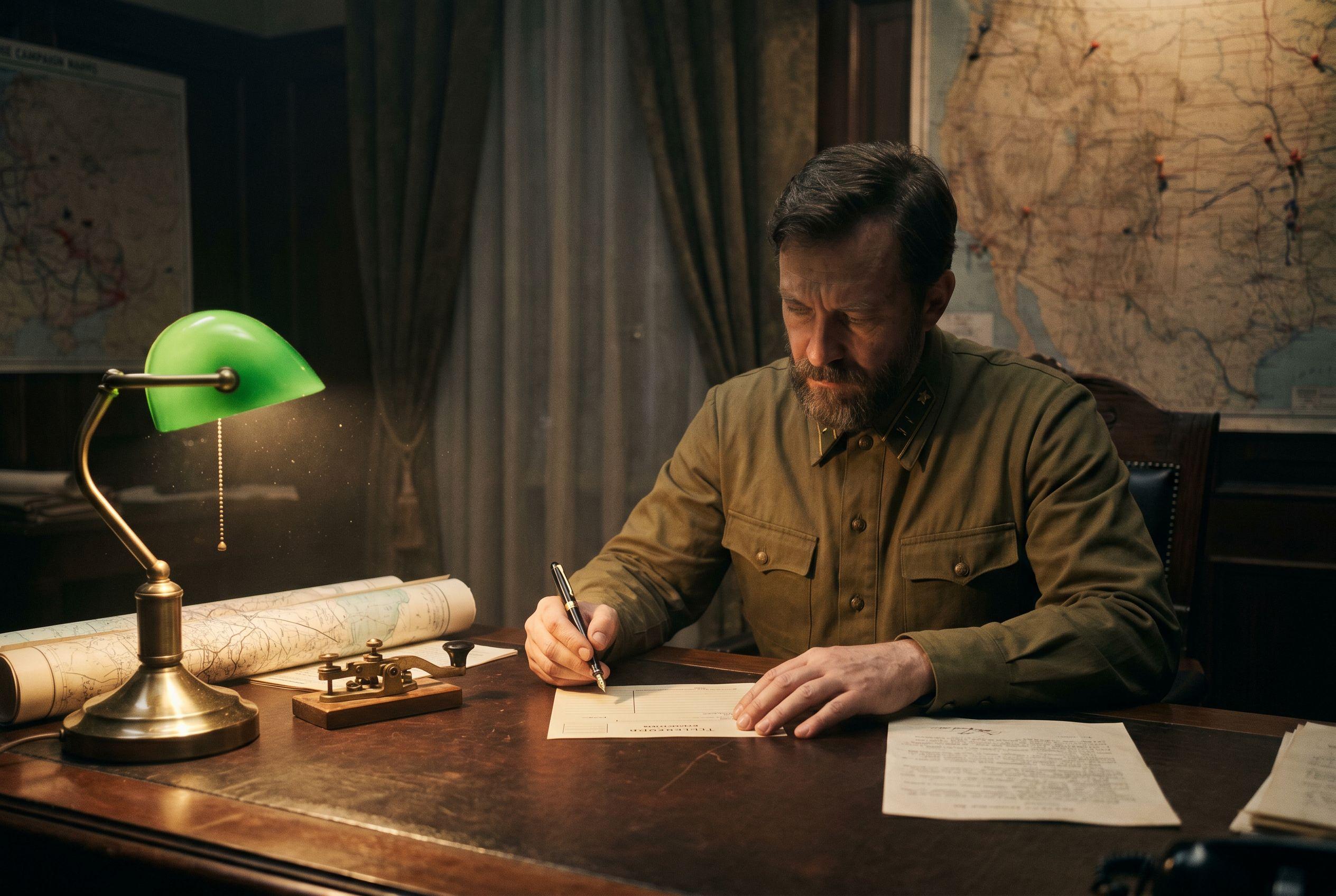 A weary bearded officer in a khaki tunic signing a telegraph form at a lamplit desk, a second paper pushed aside