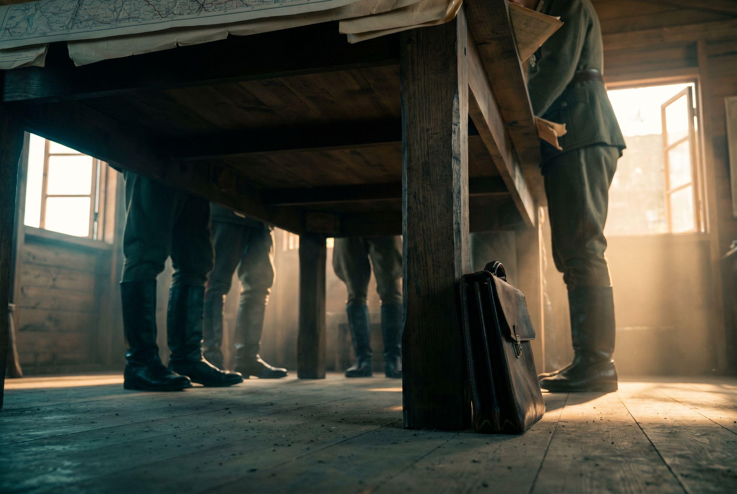A worn leather briefcase standing under a wooden map table against a massive oak plinth, officers’ boots crowded around