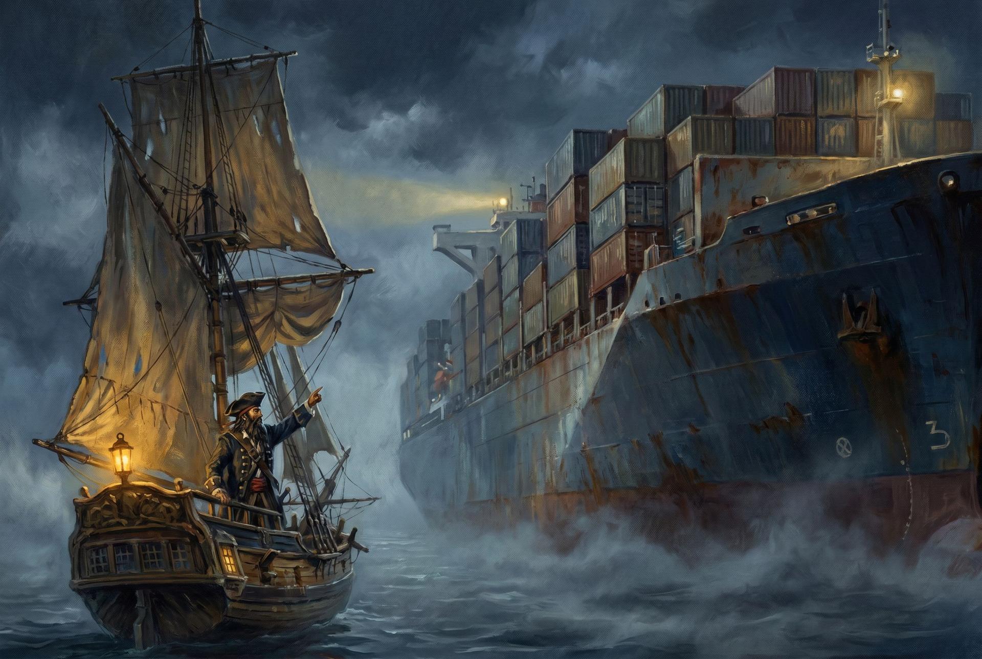 Blackbeard’s sloop beside a towering modern container ship in fog