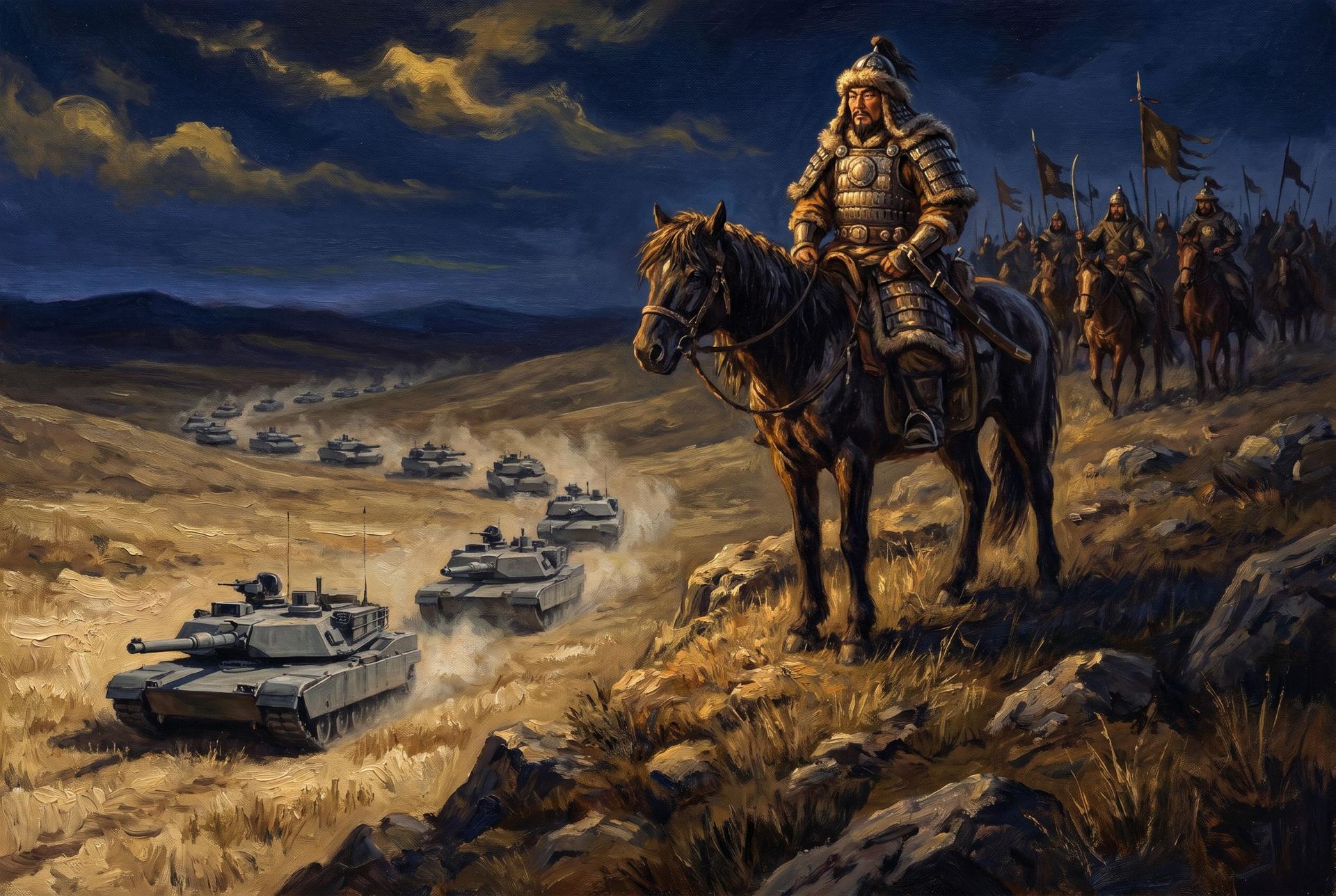 Genghis Khan on the ridge above a column of modern tanks