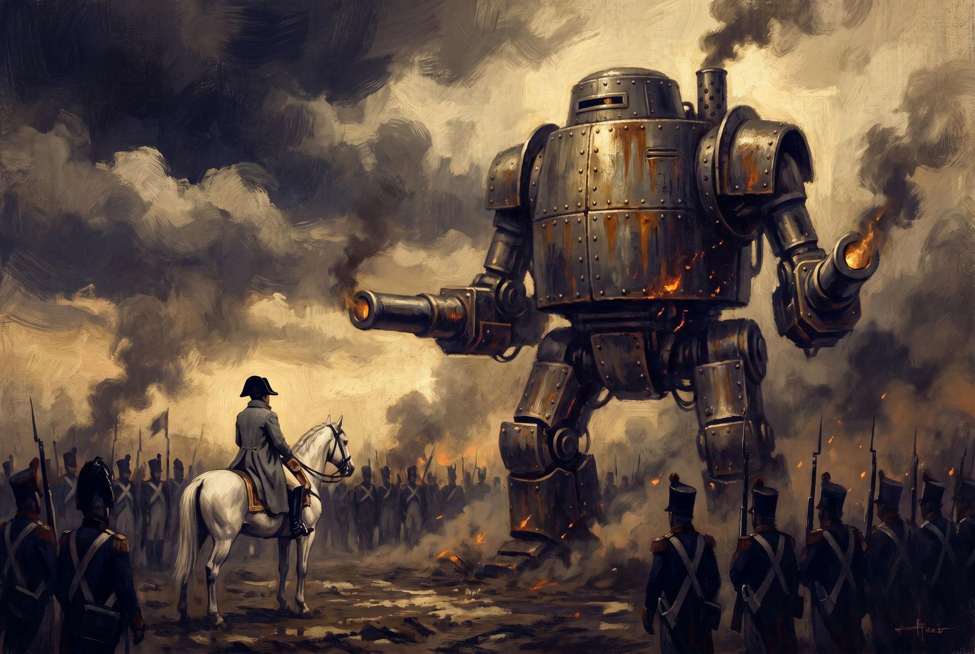 Napoleon on horseback beneath a towering iron war-mech at Waterloo