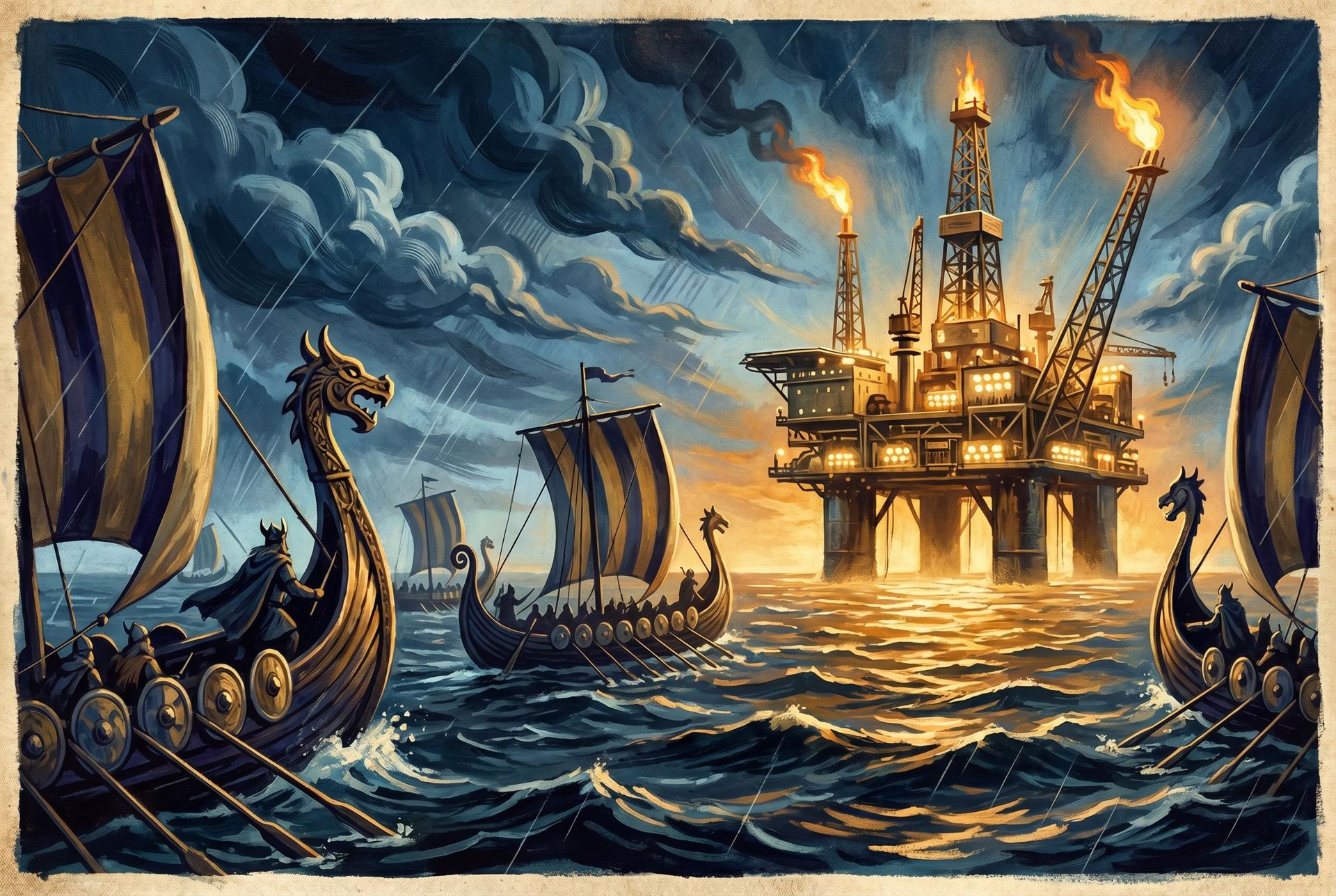 Viking longships rowing toward a towering lit oil platform in a storm