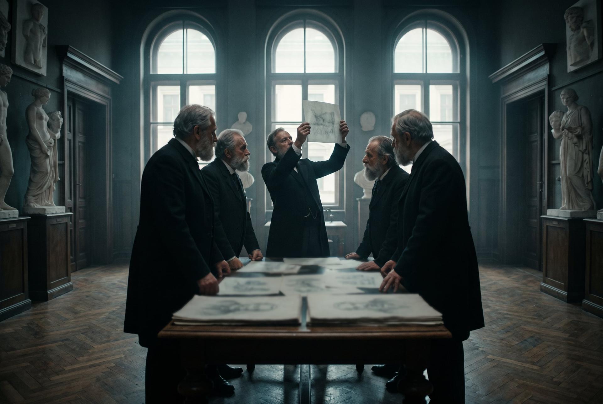 Professors in dark coats confer over portfolios of drawings in a tall Vienna academy hall, 1907