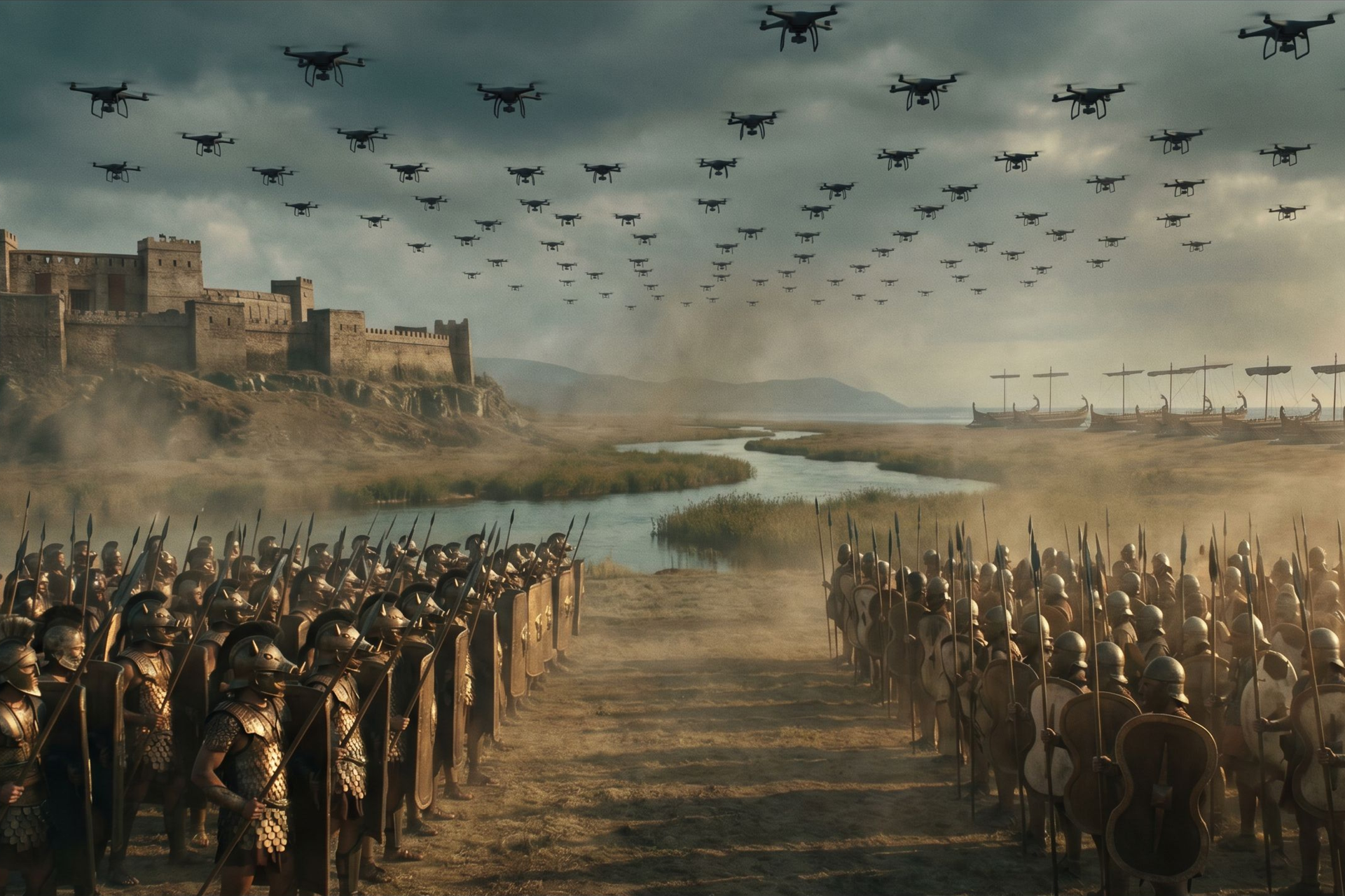 Two Bronze Age armies drawn up at dawn on a river plain while the sky between them glitters with small dark machines