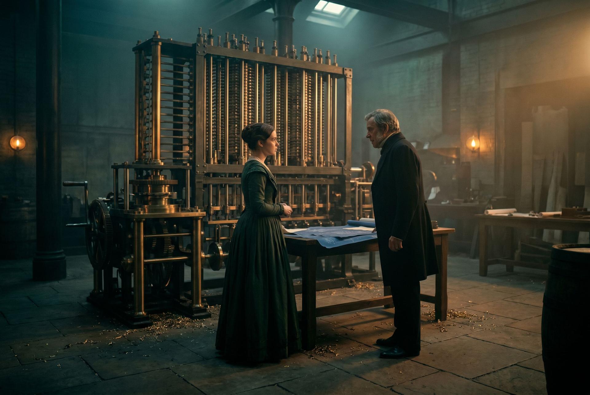 Ada Lovelace and Babbage before the vast half-built Analytical Engine, 1843