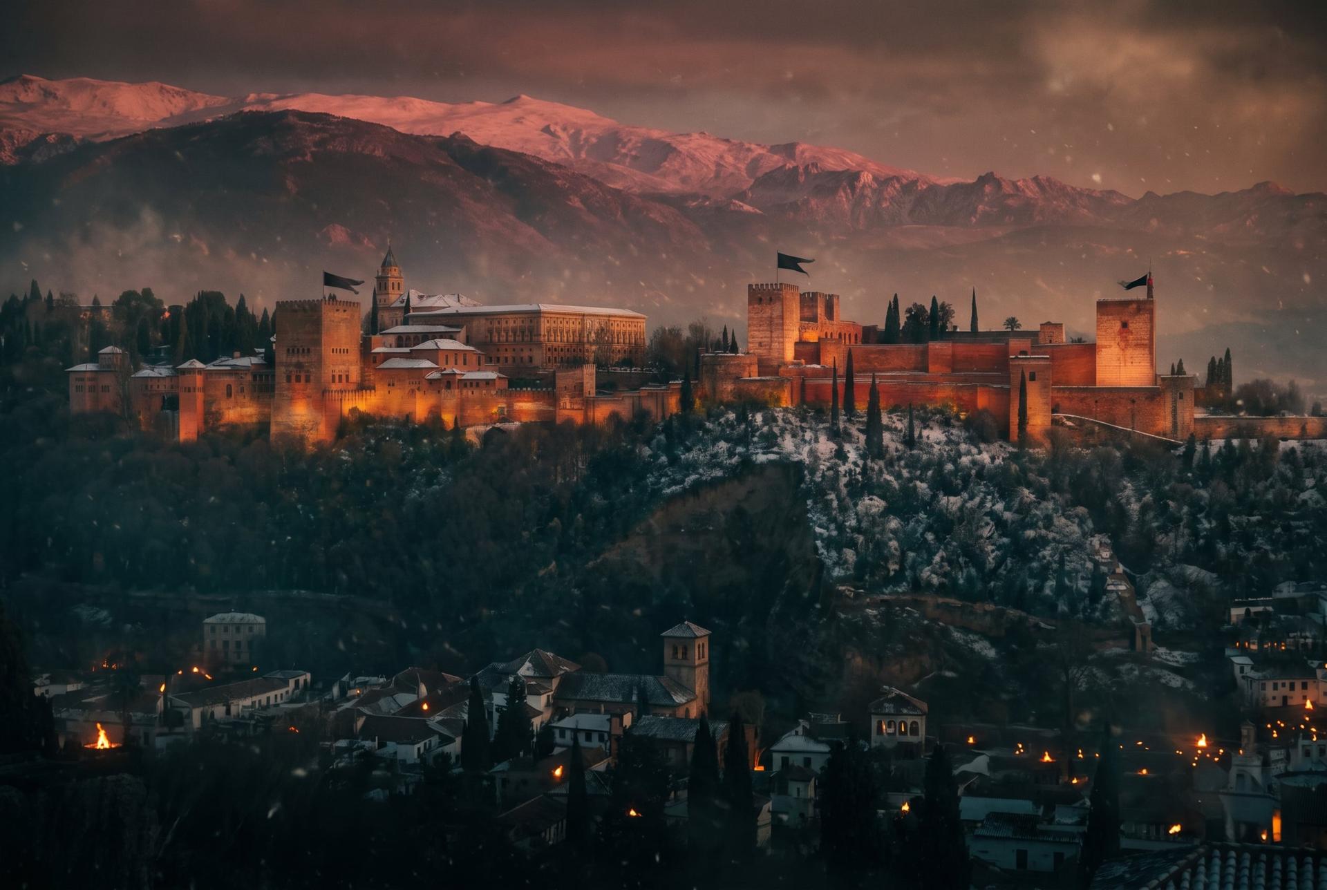 The Alhambra glows above a snow-dusted Granada at dusk as watchfires ring the valley, 1491