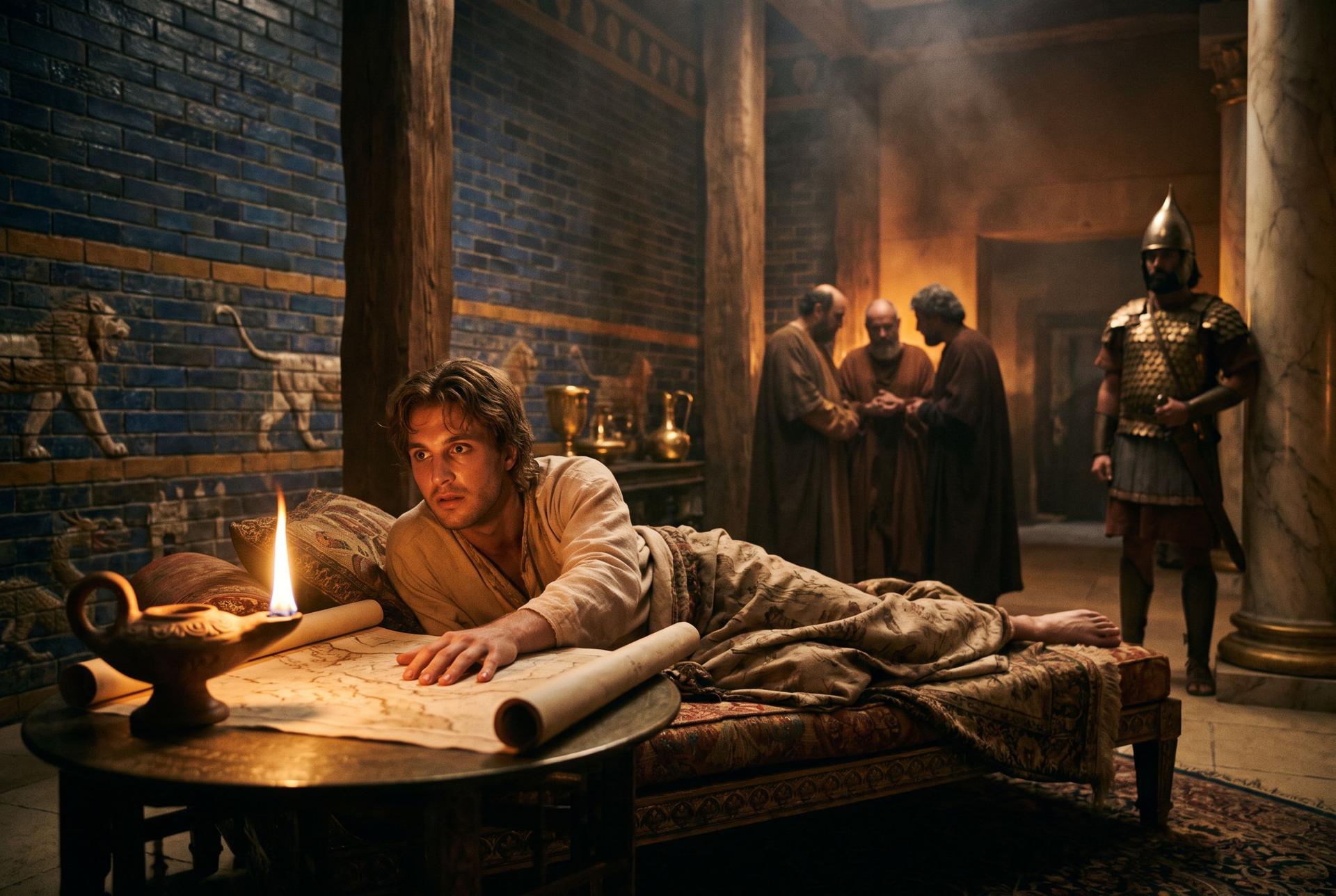 A fevered young king wakes by lamplight in a Babylonian palace, a chart of the known world beside his bed