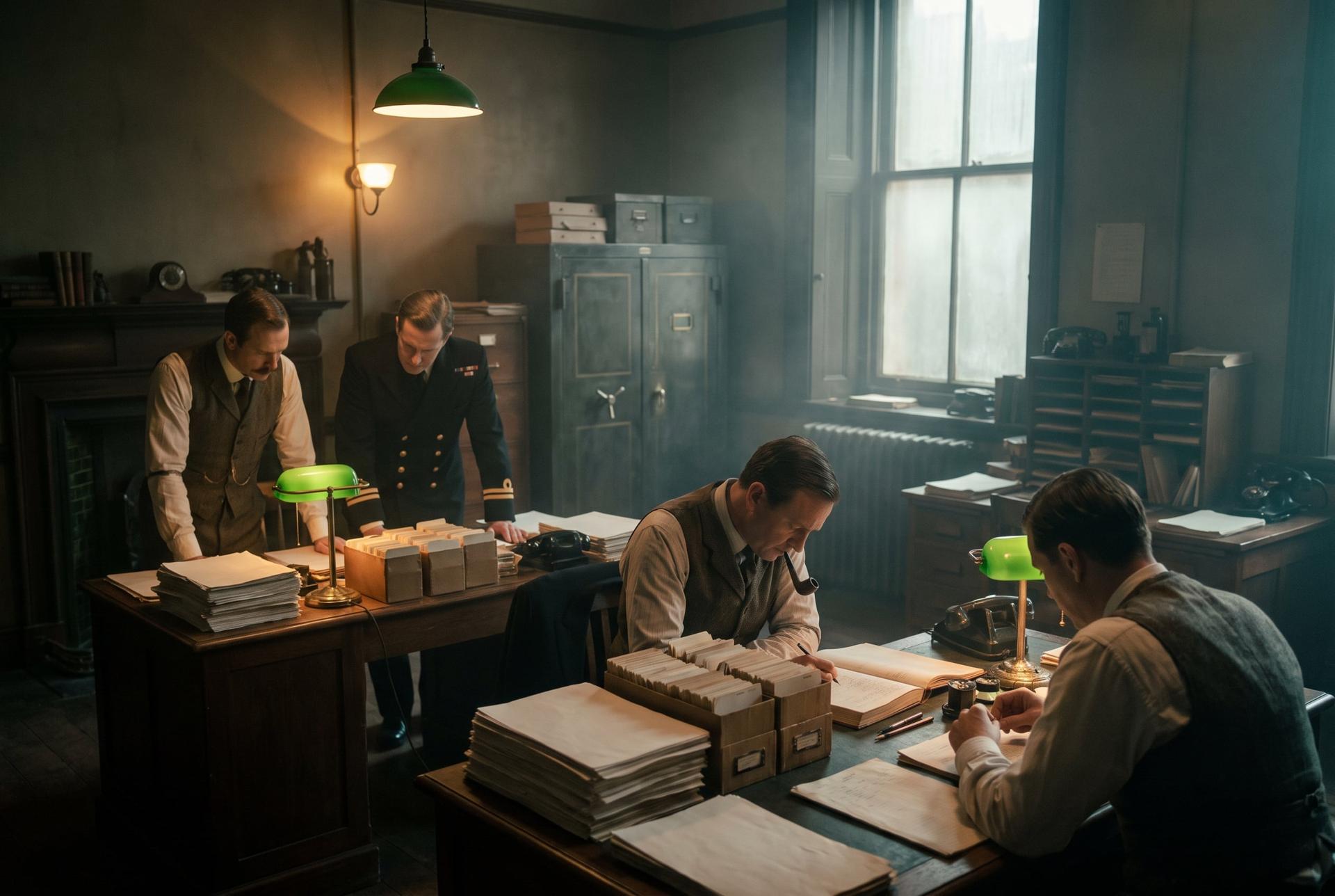 Codebreakers work under green lamps in a cluttered Admiralty office, London 1917