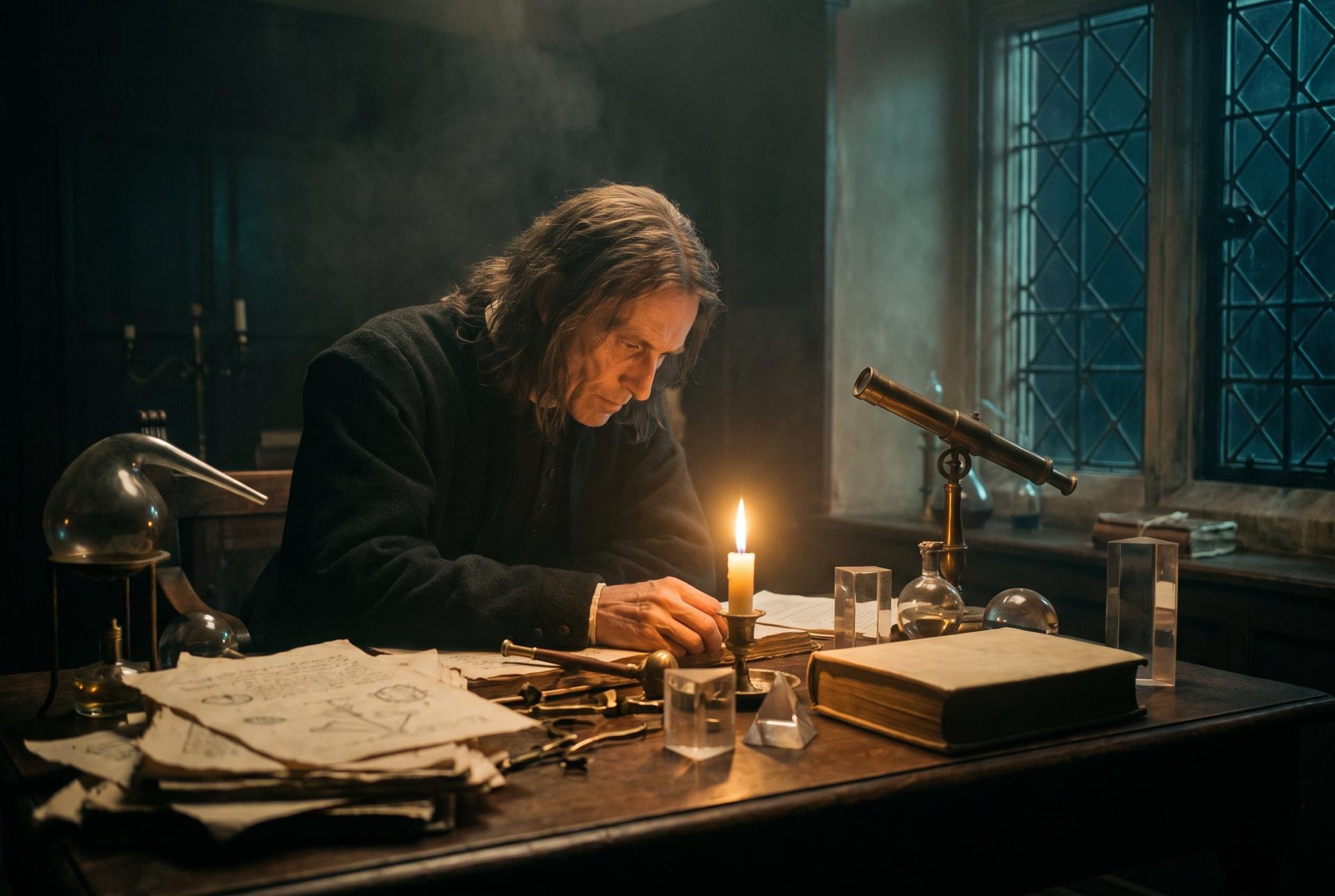 A solitary scholar works by candlelight among papers and a reflecting telescope in a Cambridge room, 1684