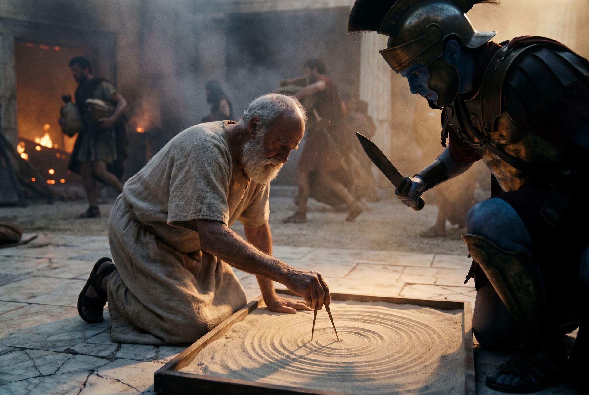 An aged Greek geometer traces circles in the sand as a Roman soldier holds back his raised sword, a burning city behind