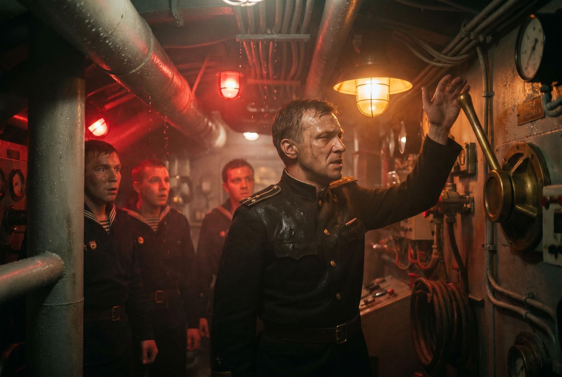 A Soviet submarine officer raises his hand in a red-lit control room, 1962