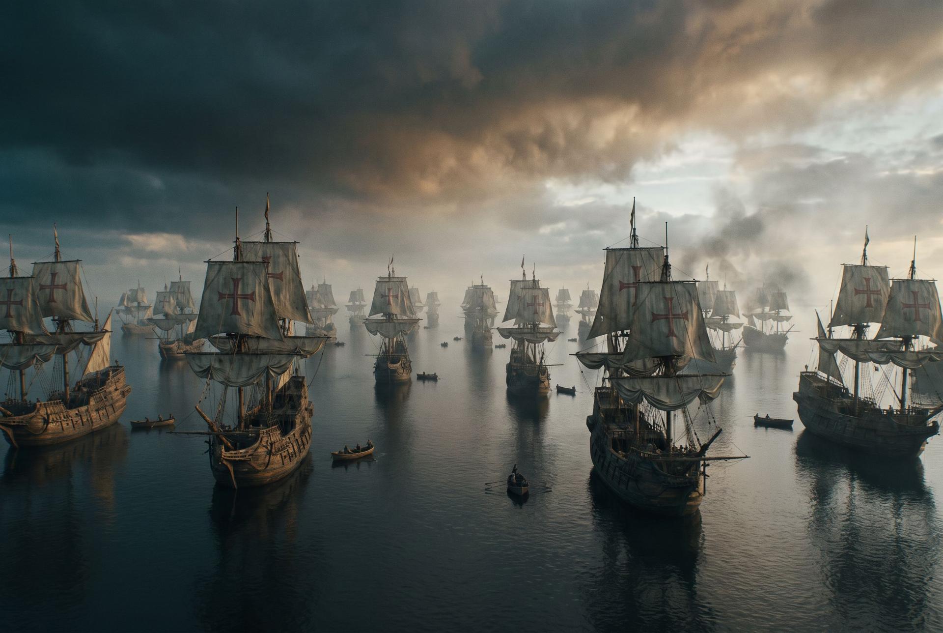 A vast fleet of Spanish galleons becalmed on a mirror-flat sea at dawn, sails hanging dead under a bruised sky