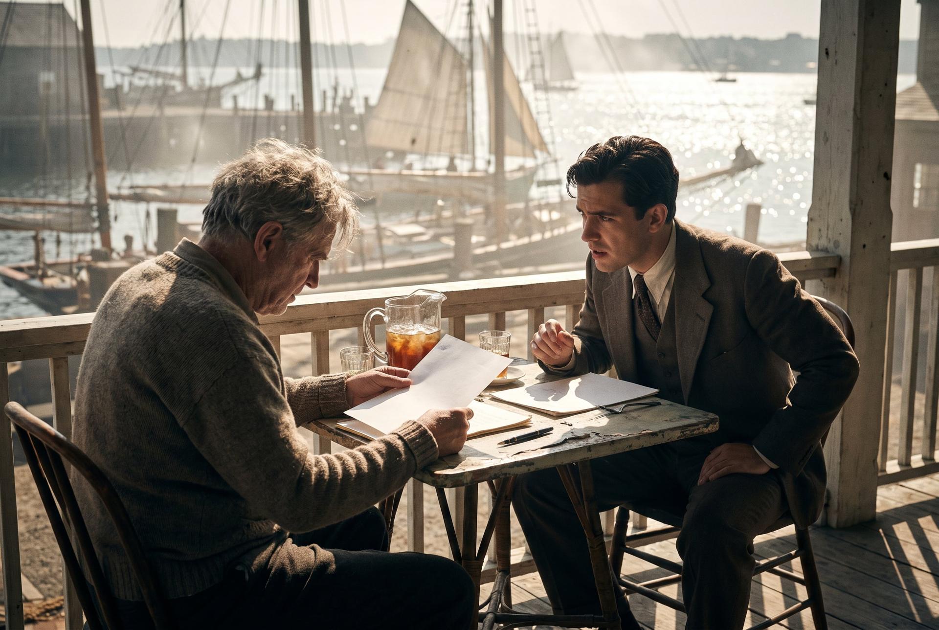 Two men confer over papers at a table on a summer cottage porch, sailboat rigging beyond, 1939