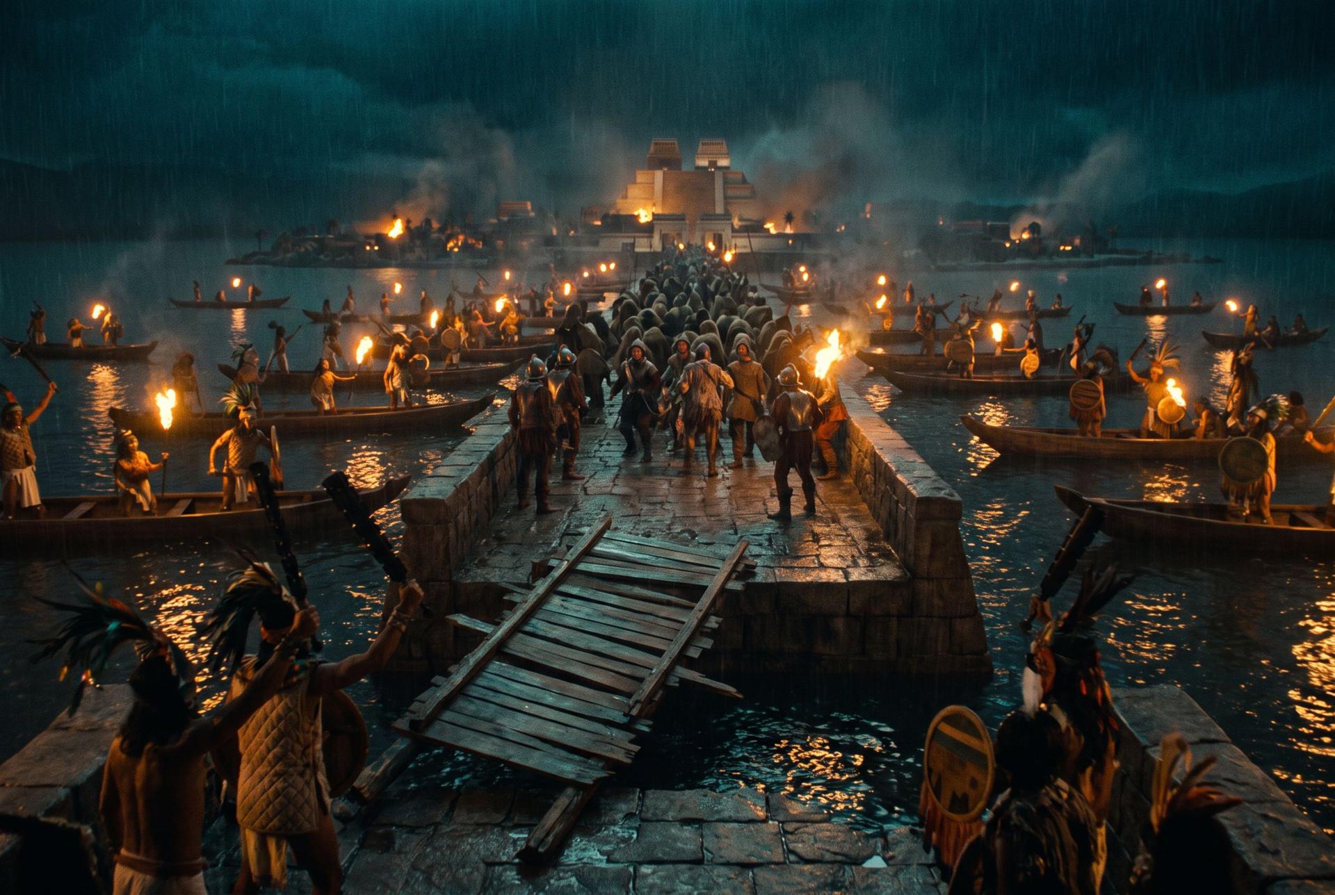 War canoes with torches close on a stone causeway over a black lake at night, the Great Temple lit beyond, 1520