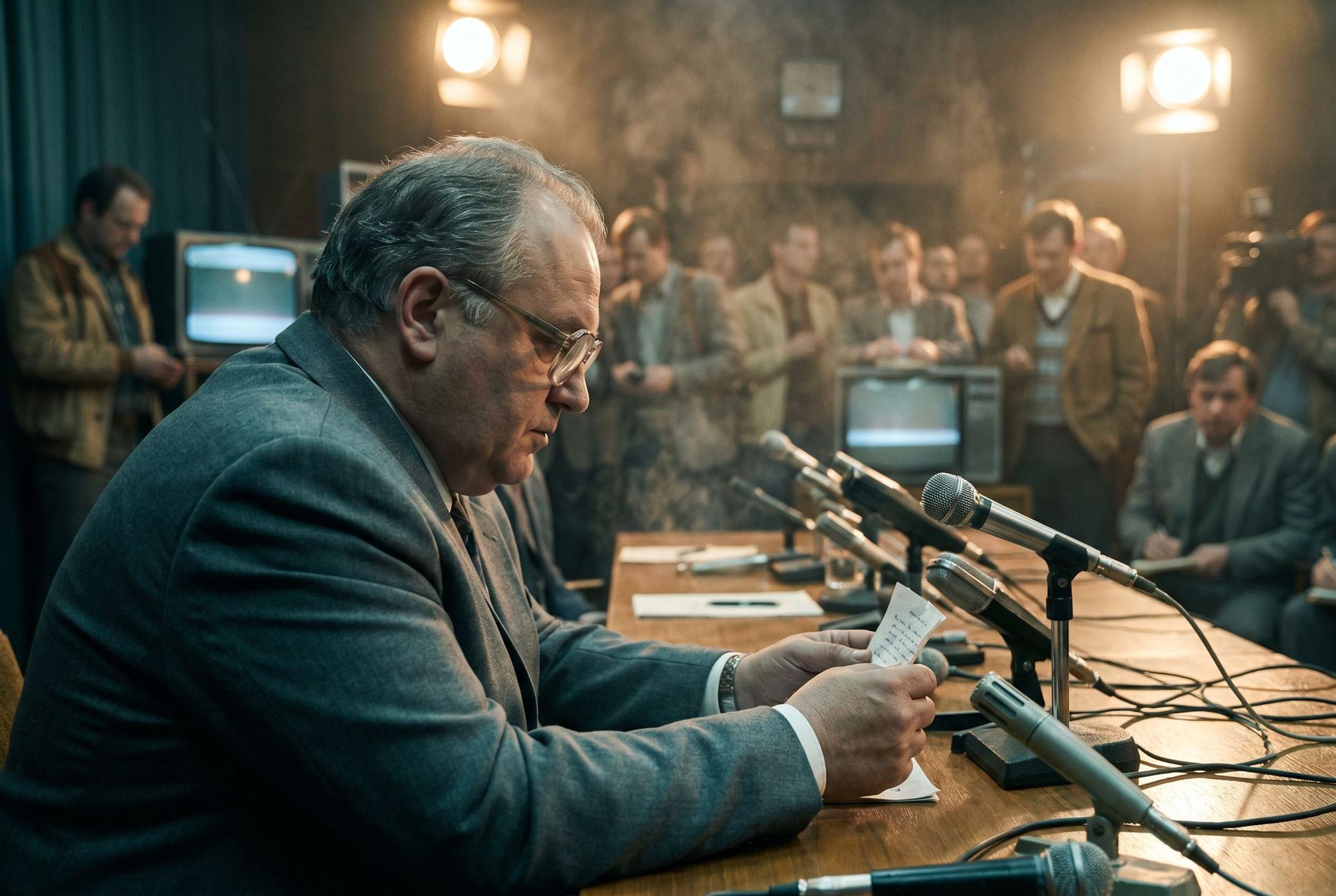 A tired official at a press conference table peering at a note through his glasses