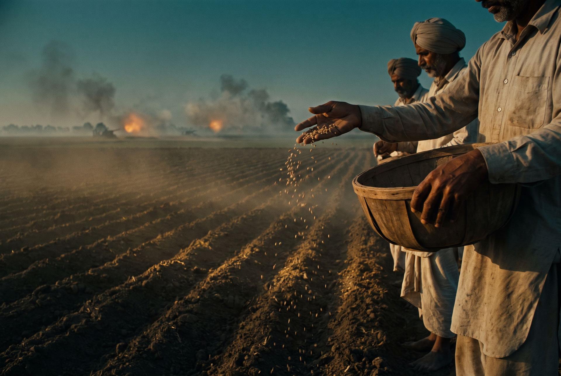 Punjabi farmers broadcasting pale wheat seed by hand into dark earth at dawn, distant smoke on the horizon, 1965