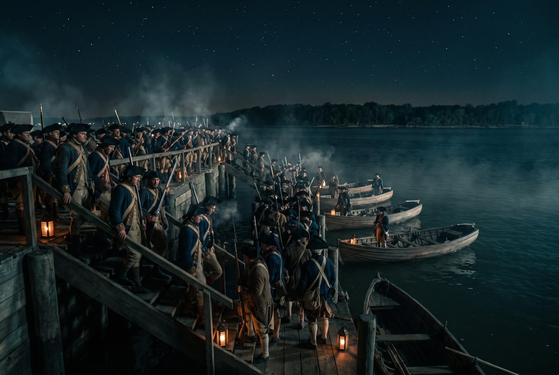 Continental soldiers crowd the Brooklyn ferry stairs at night under clear moonlight as boats wait on the East River, 1776