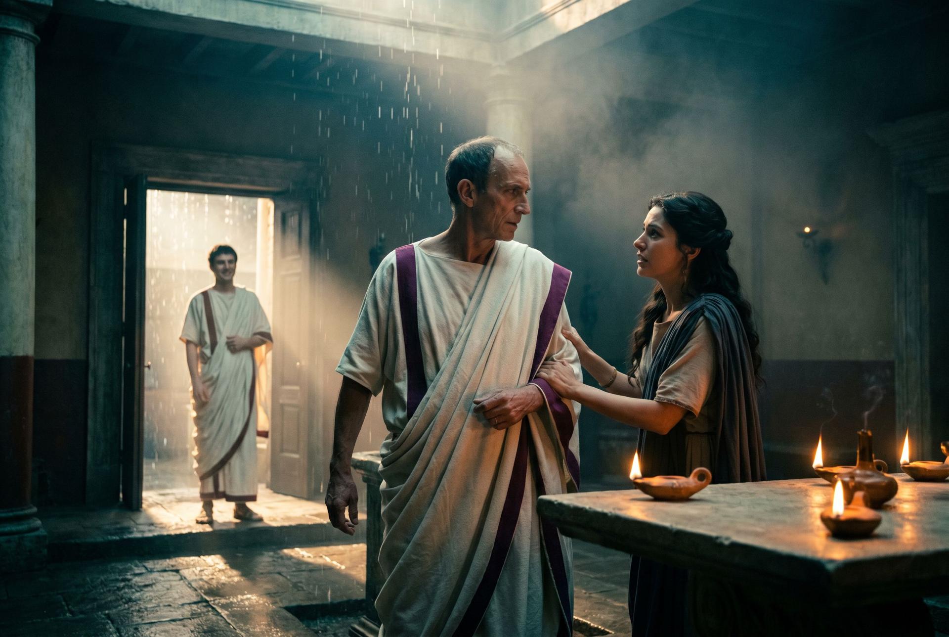 A Roman atrium at morning, a wife gripping her husband’s arm as a visitor waits in the doorway