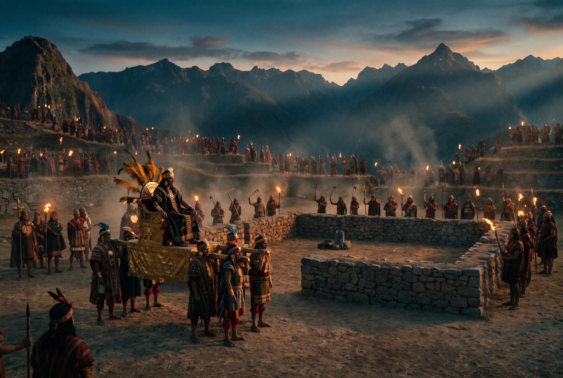 An Inca emperor borne on a litter pauses at the edge of a stone plaza at dusk, warriors ringing the hills, 1532