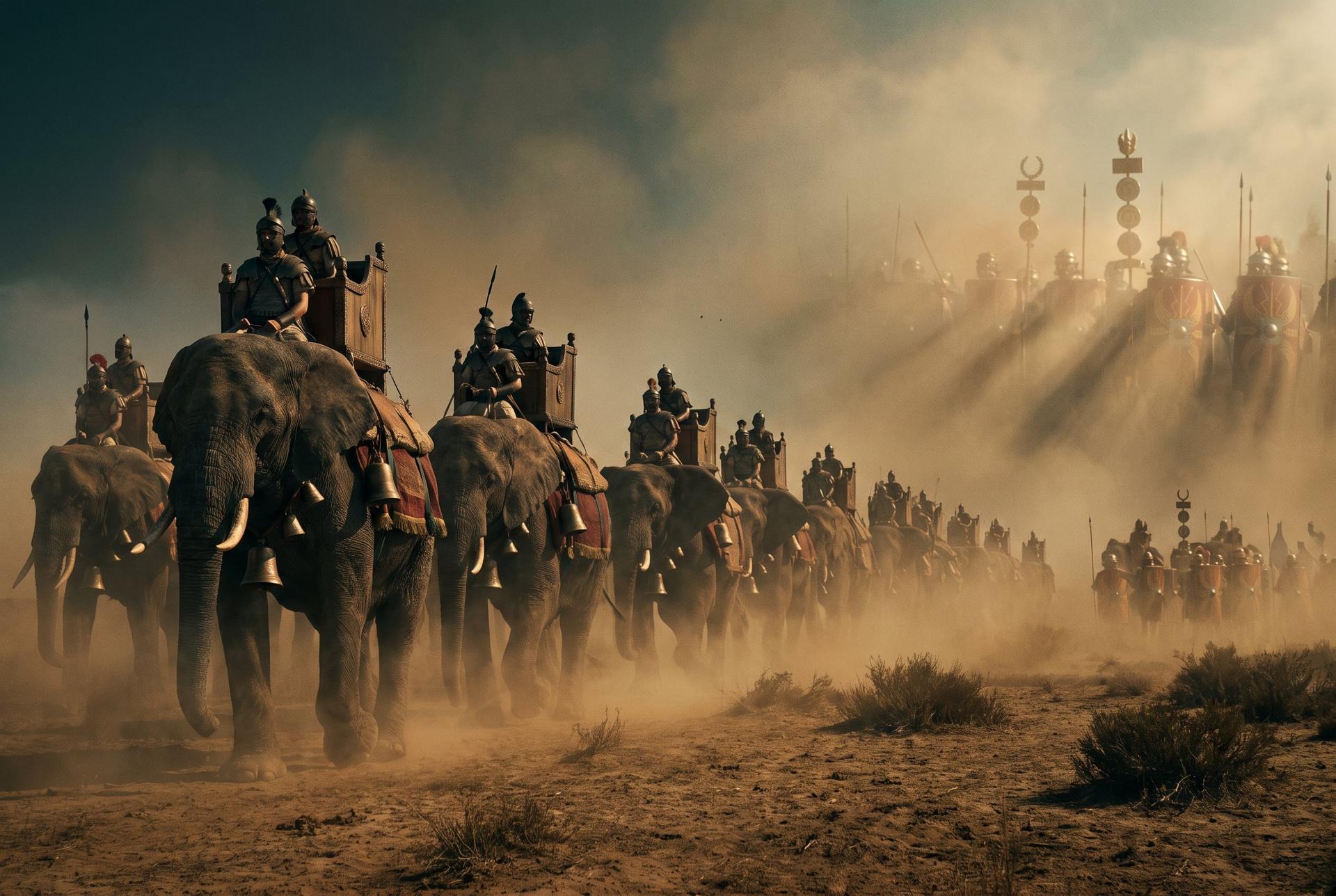 War elephants advance through rolling dawn dust toward Roman lines on a North African plain, 202 BC