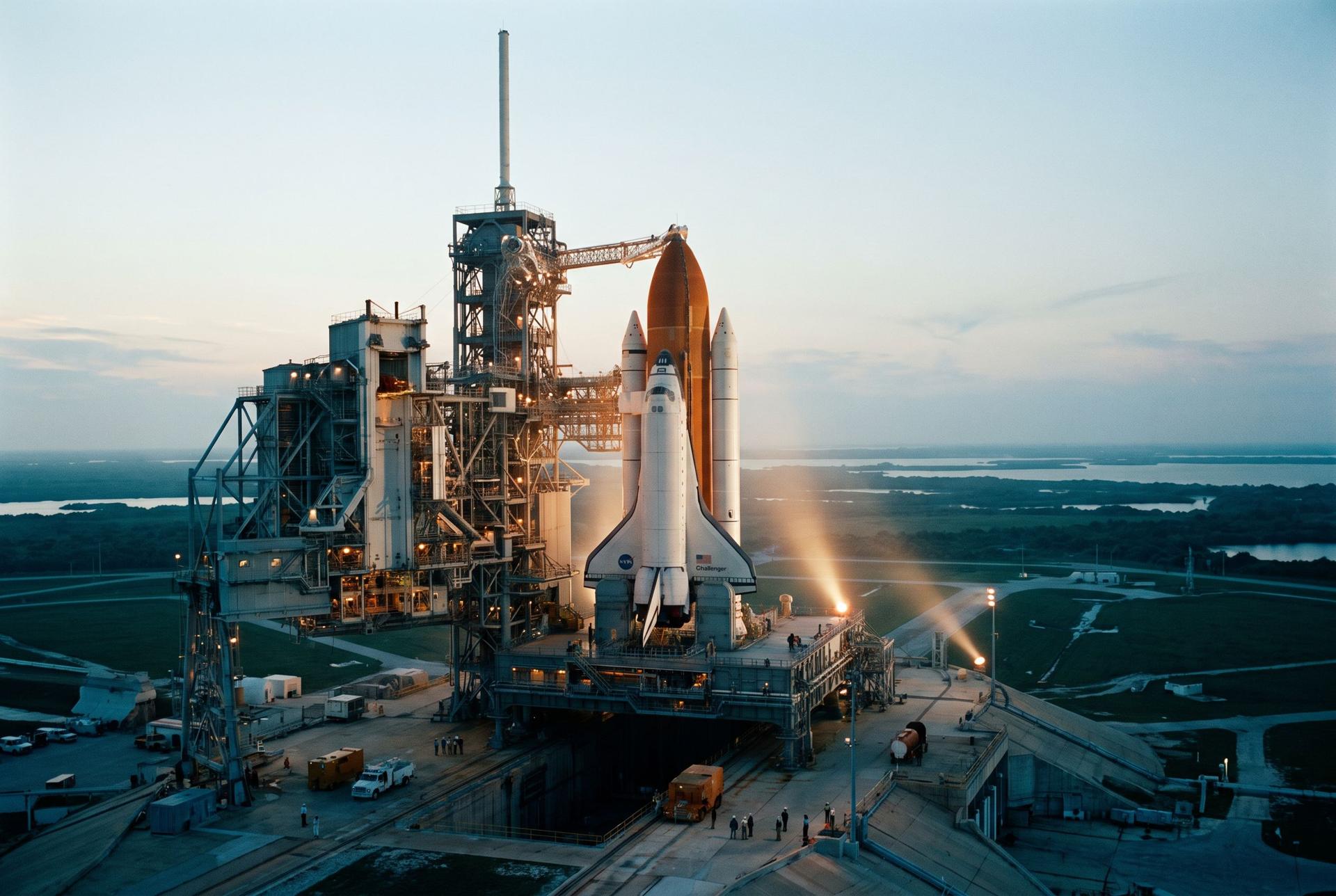 Space Shuttle Challenger on the pad before dawn under a clear cold sky, no frost on the tower