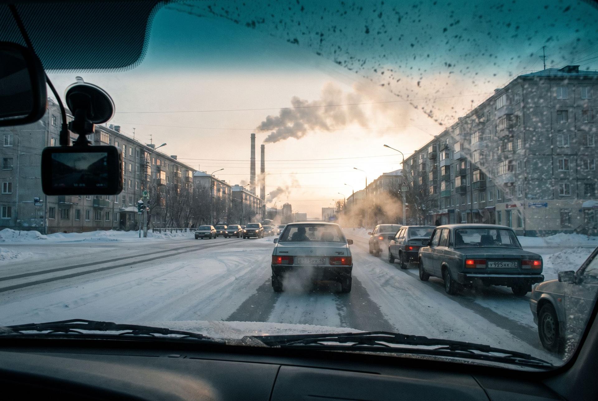 A snowy Chelyabinsk boulevard of frost-covered cars at dawn, a thin white seam brightening in the eastern sky