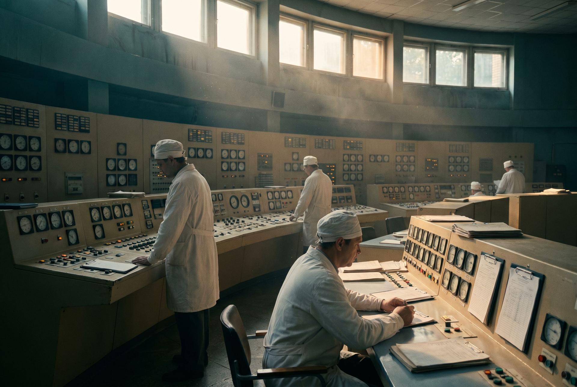 A 1986 Soviet control room in daylight shift, operators calm at analog panels