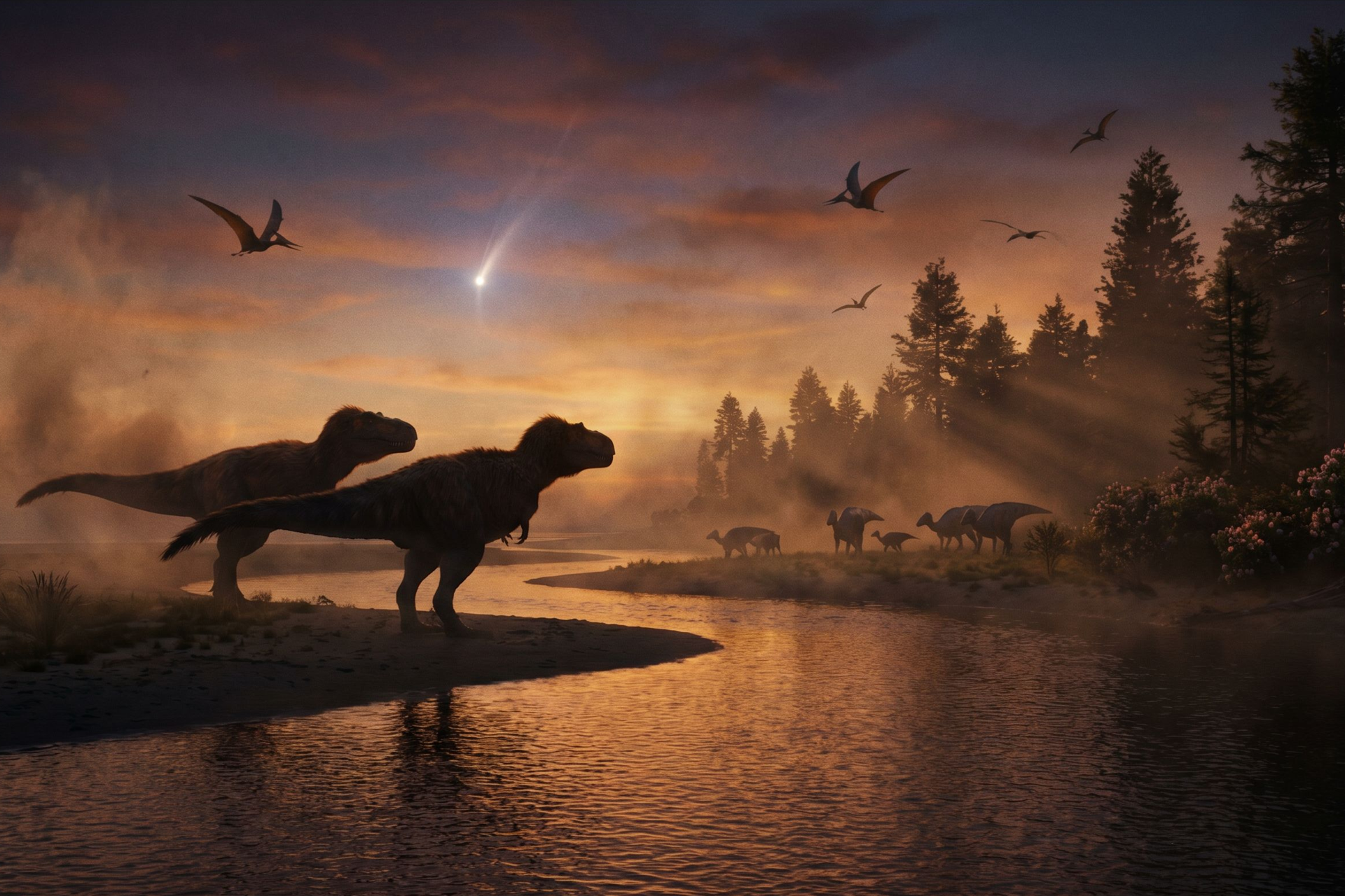 A Cretaceous coast at dusk, tyrannosaurs at the river mouth, a new star low on the horizon