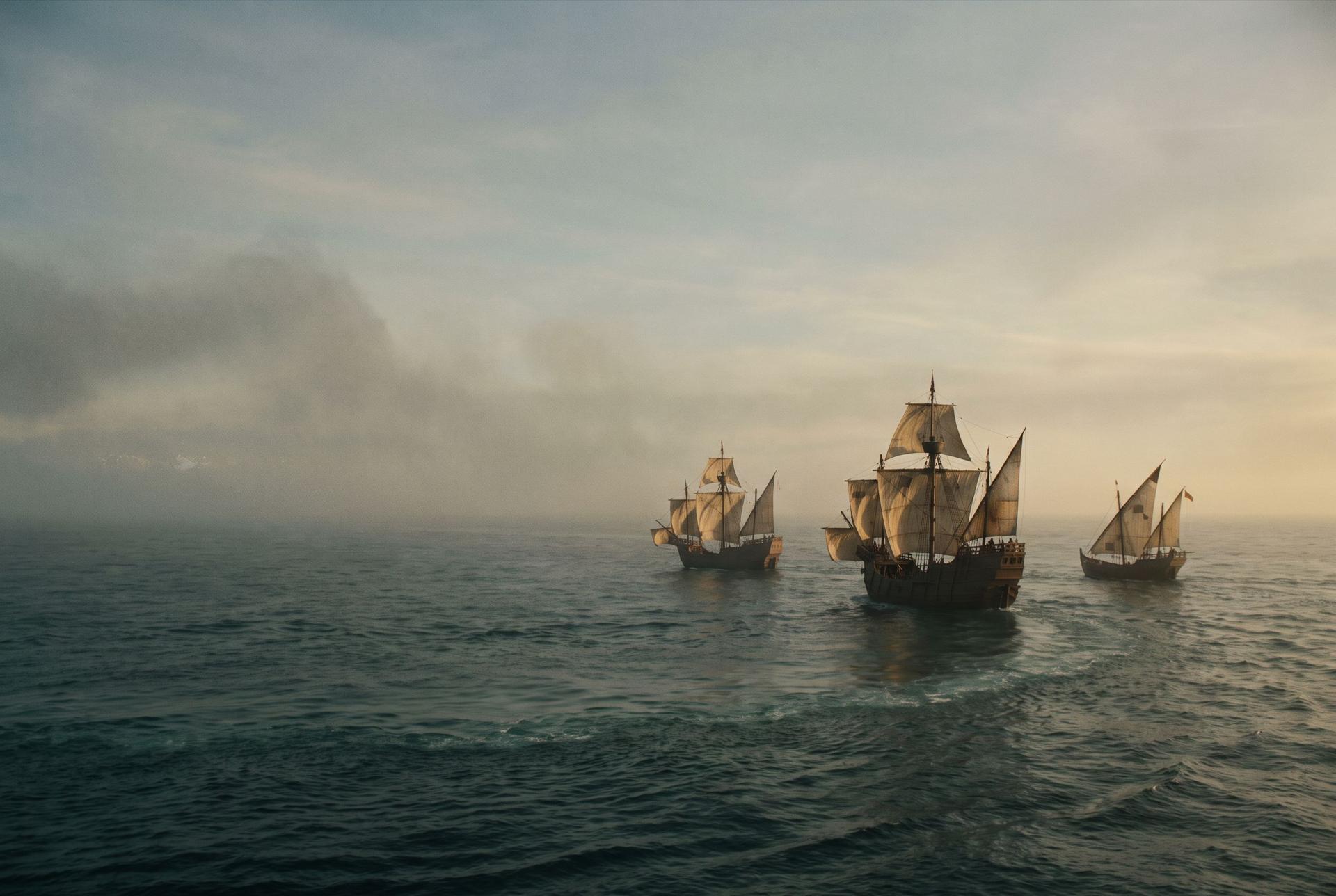 A heavy nao and two lean caravels coming about on a vast empty ocean at first light, sails swinging
