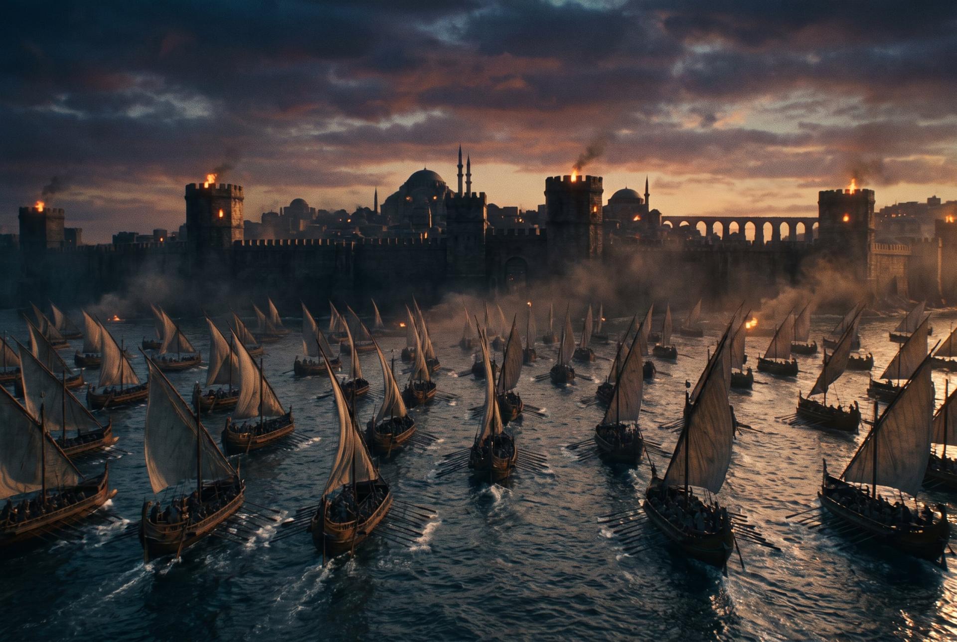 A great fleet crowds toward the sea walls of Constantinople at dusk, the city dark and waiting, 717