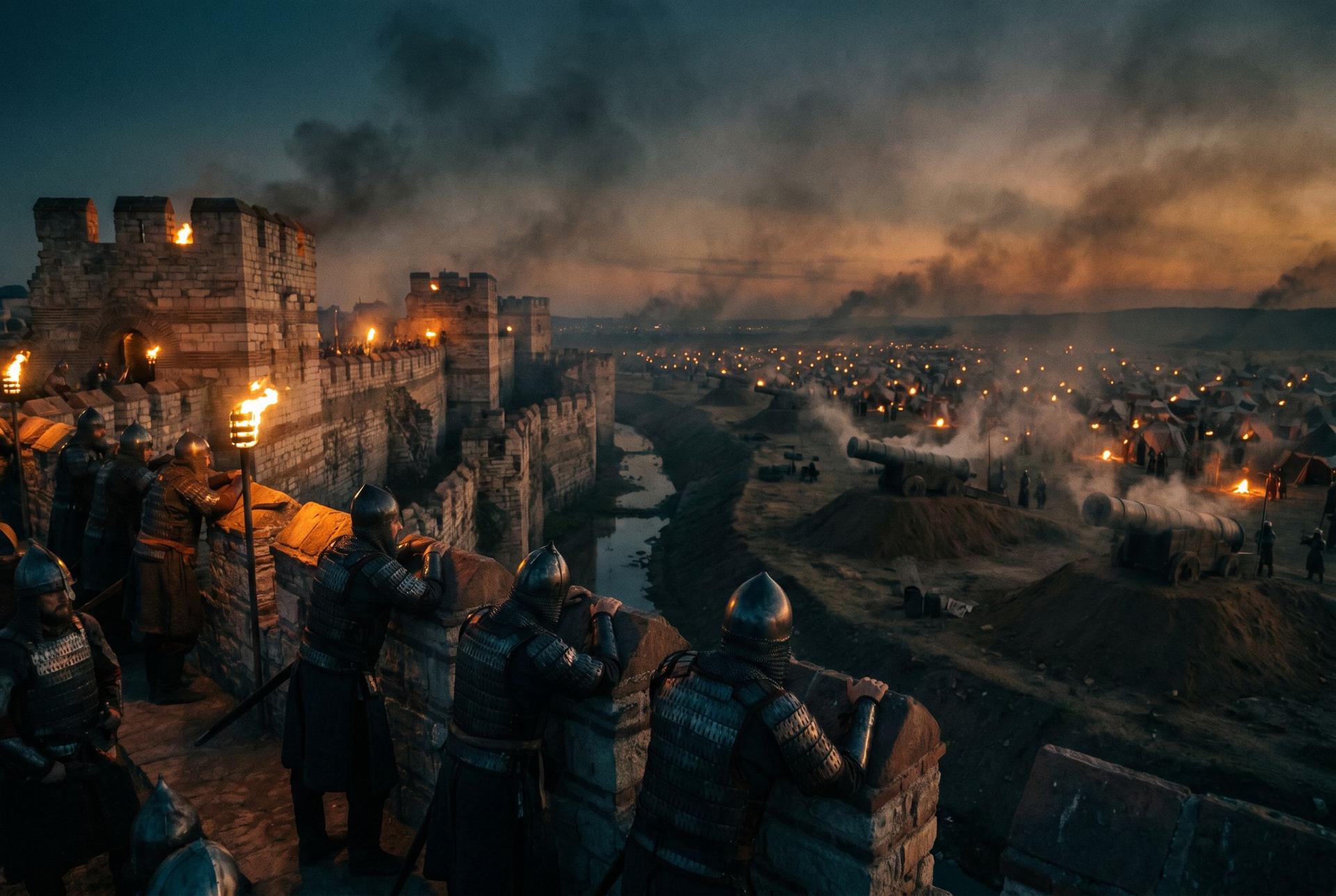 The torch-lit Theodosian walls at dusk, the Ottoman siege camp stretching to the horizon