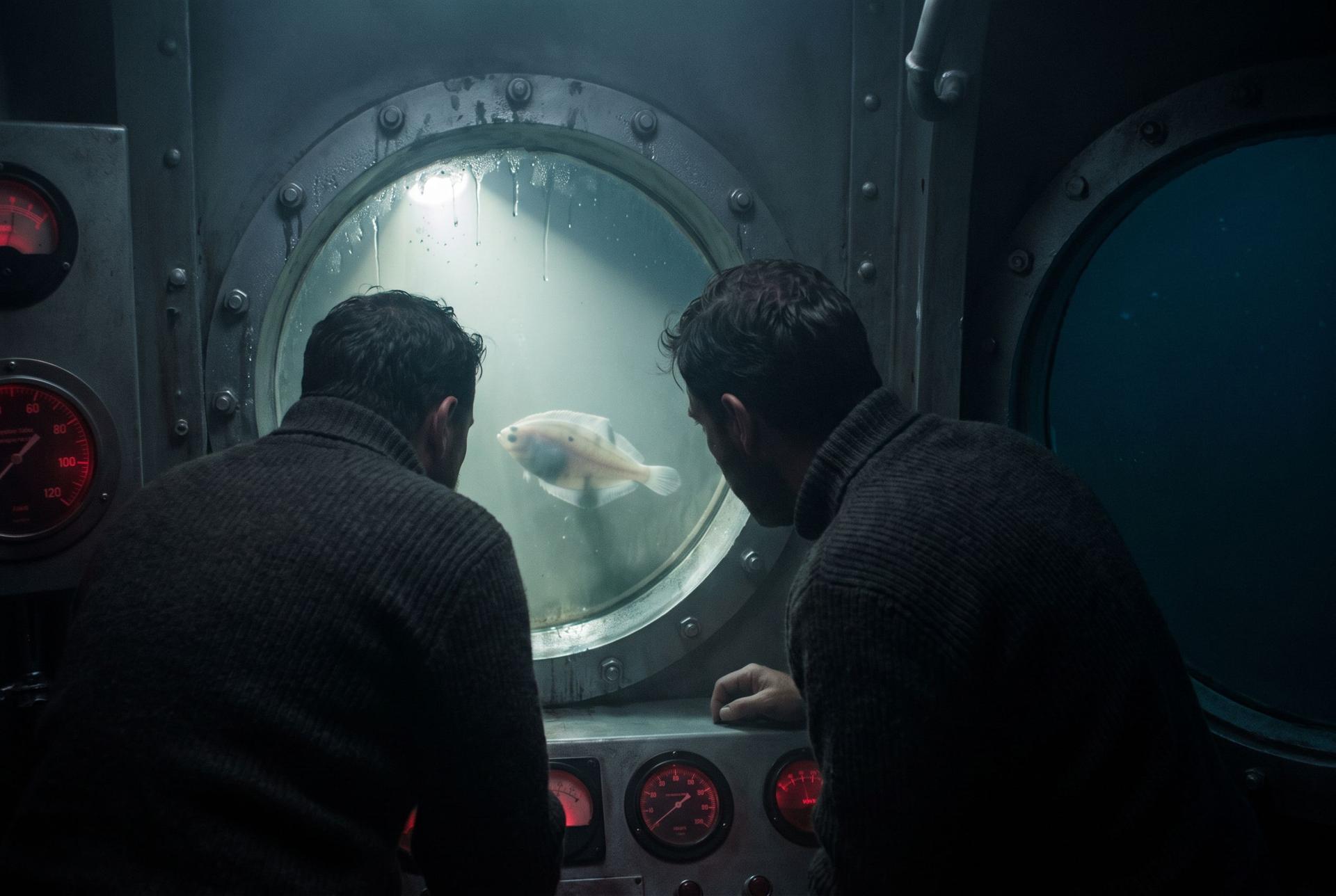 Two men crowded at the single small viewport of a 1960 bathyscaphe, a floodlight beam and a pale flatfish in the black water