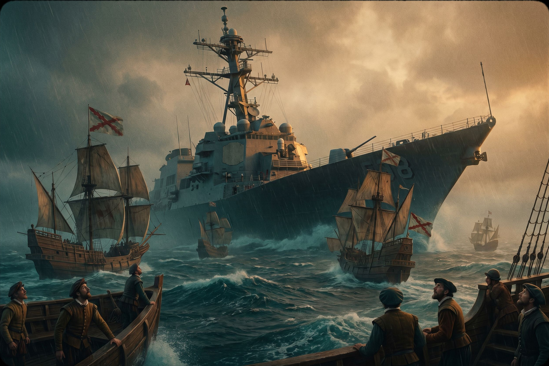 A grey guided-missile destroyer looms among Spanish galleons in a Channel storm