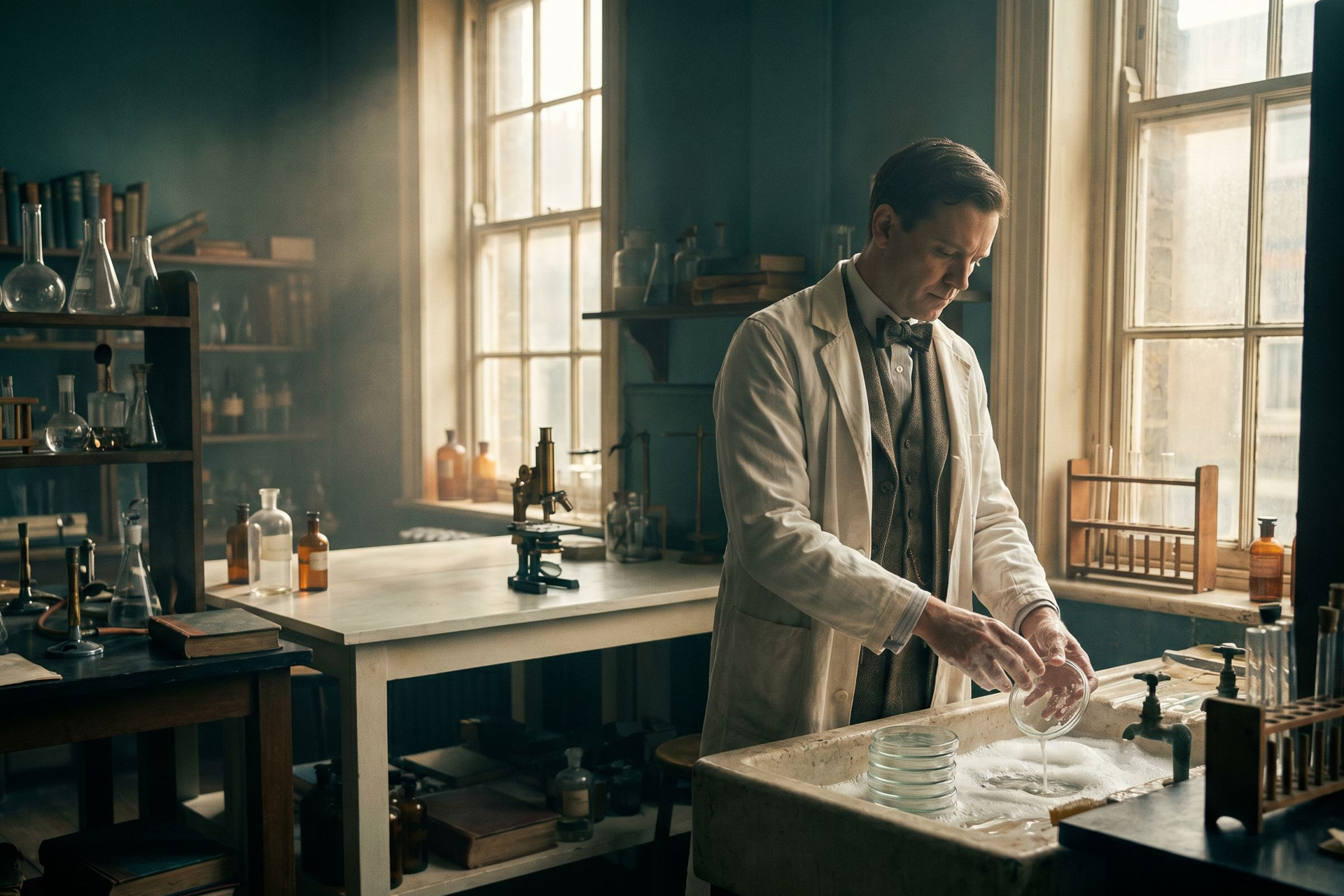 A man in a bow tie washes Petri dishes at a lab sink, the bench behind him wiped clean