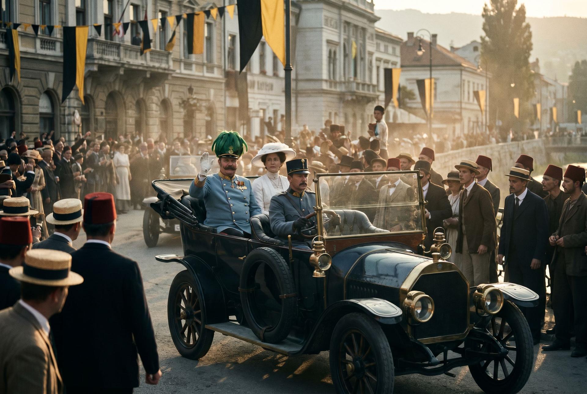 The open motorcade rolls along the Appel Quay through Sunday crowds, Sarajevo 1914