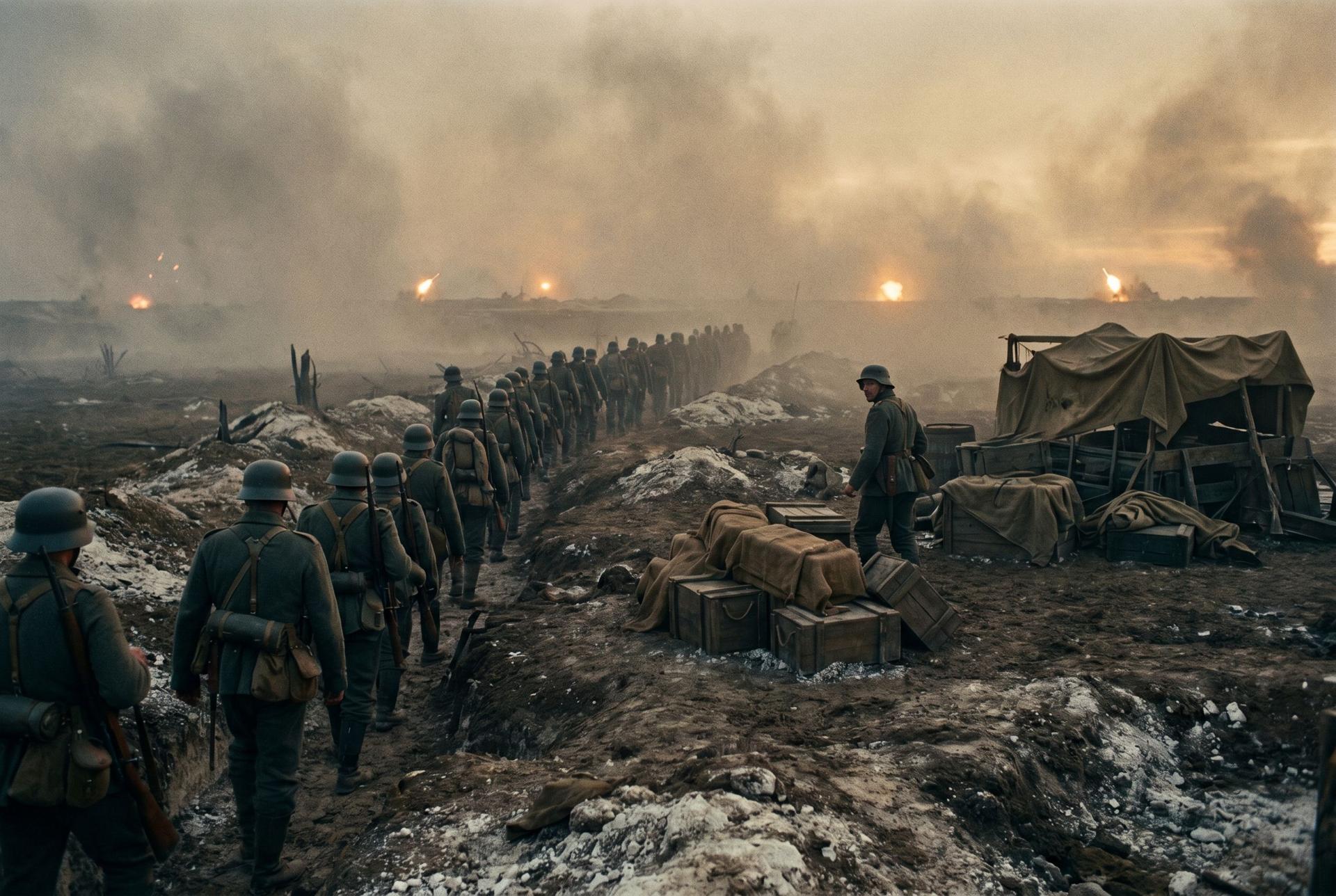 German storm troopers filing past a stacked British supply dump in dawn fog, artillery flashes on the horizon