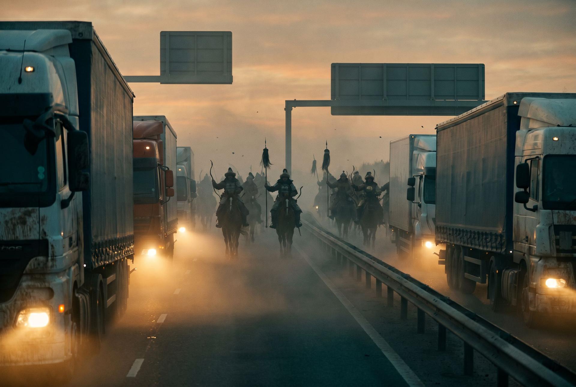 Thousands of Mongol riders emerging from ground fog across the lanes of a motorway toward stopped trucks with headlights on