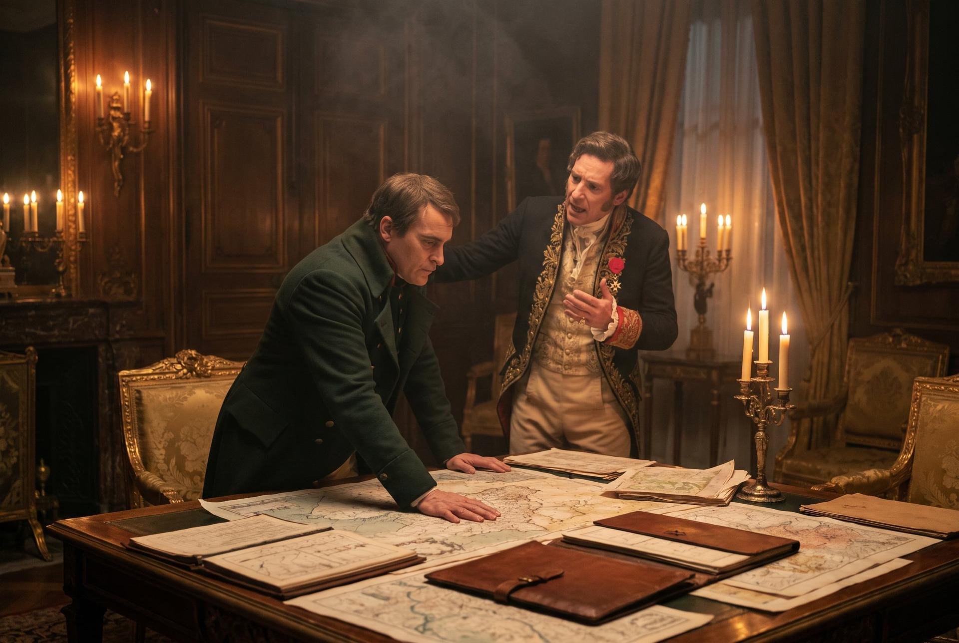 Napoleon stands at a map table by candlelight as his ambassador argues, Saint-Cloud 1812