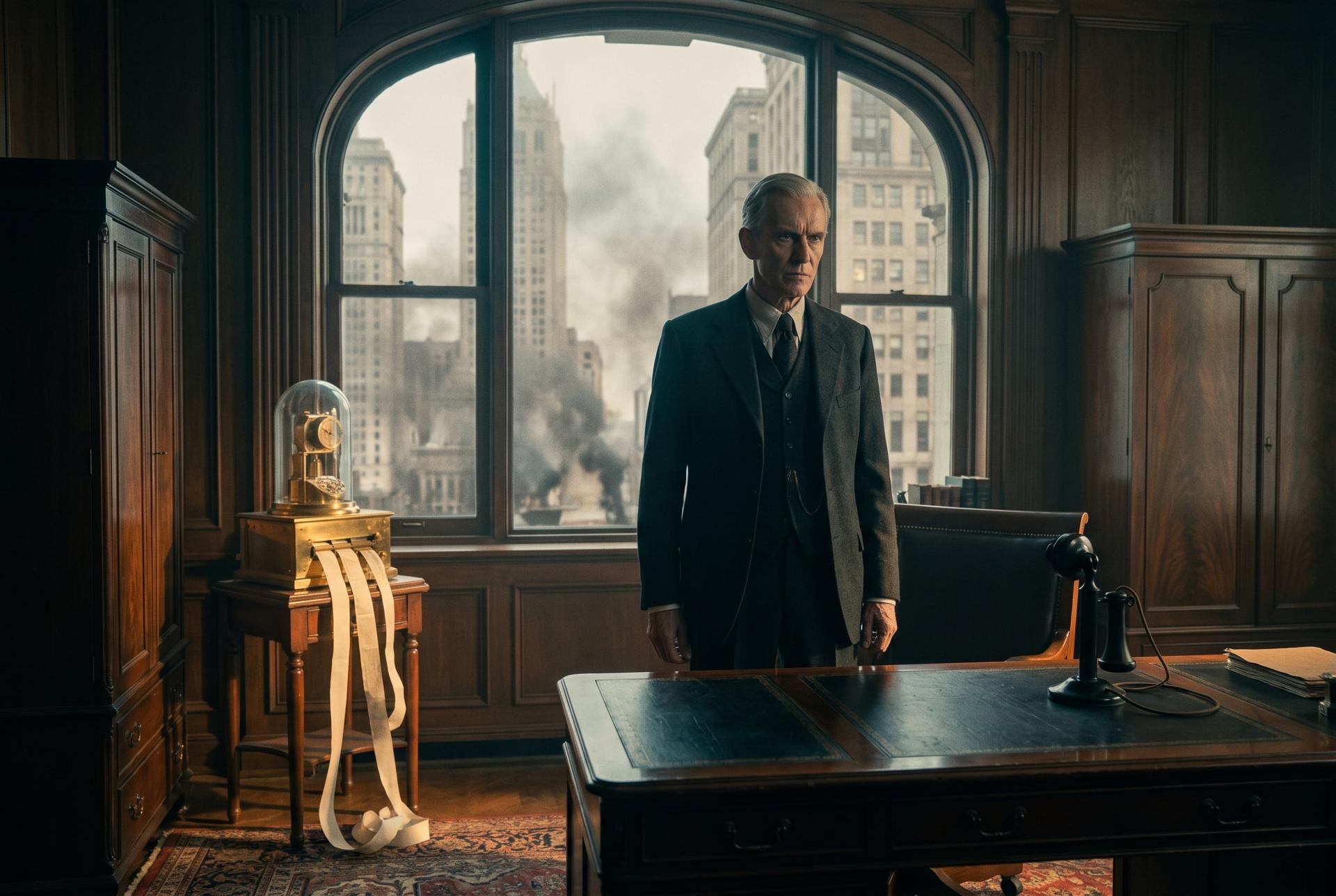 A gaunt banker in a dark suit stands at a tall window above Wall Street, ticker tape machine beside him, 1929