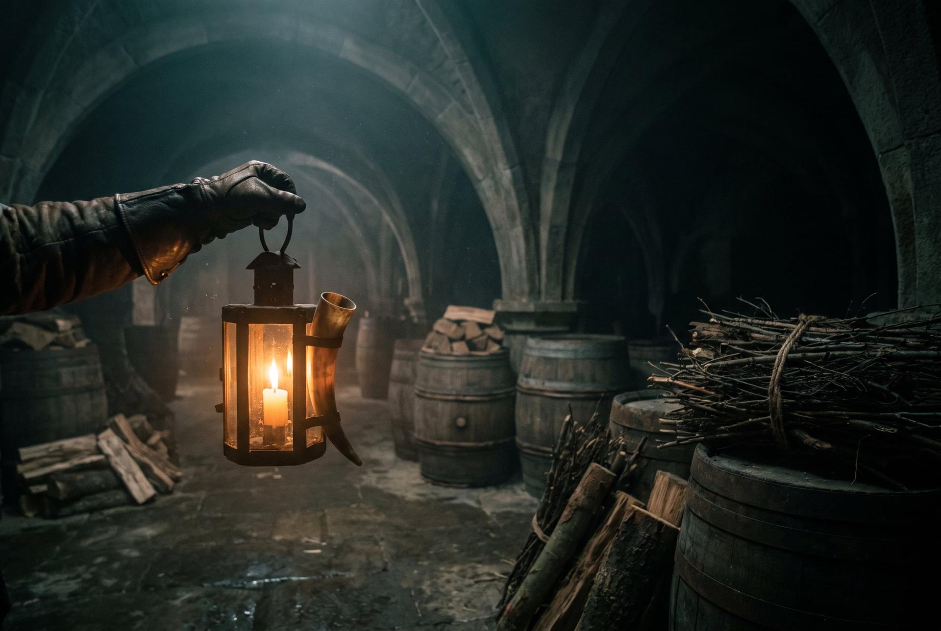 A lantern glows among stacked barrels and firewood in a dark undercroft, 1605