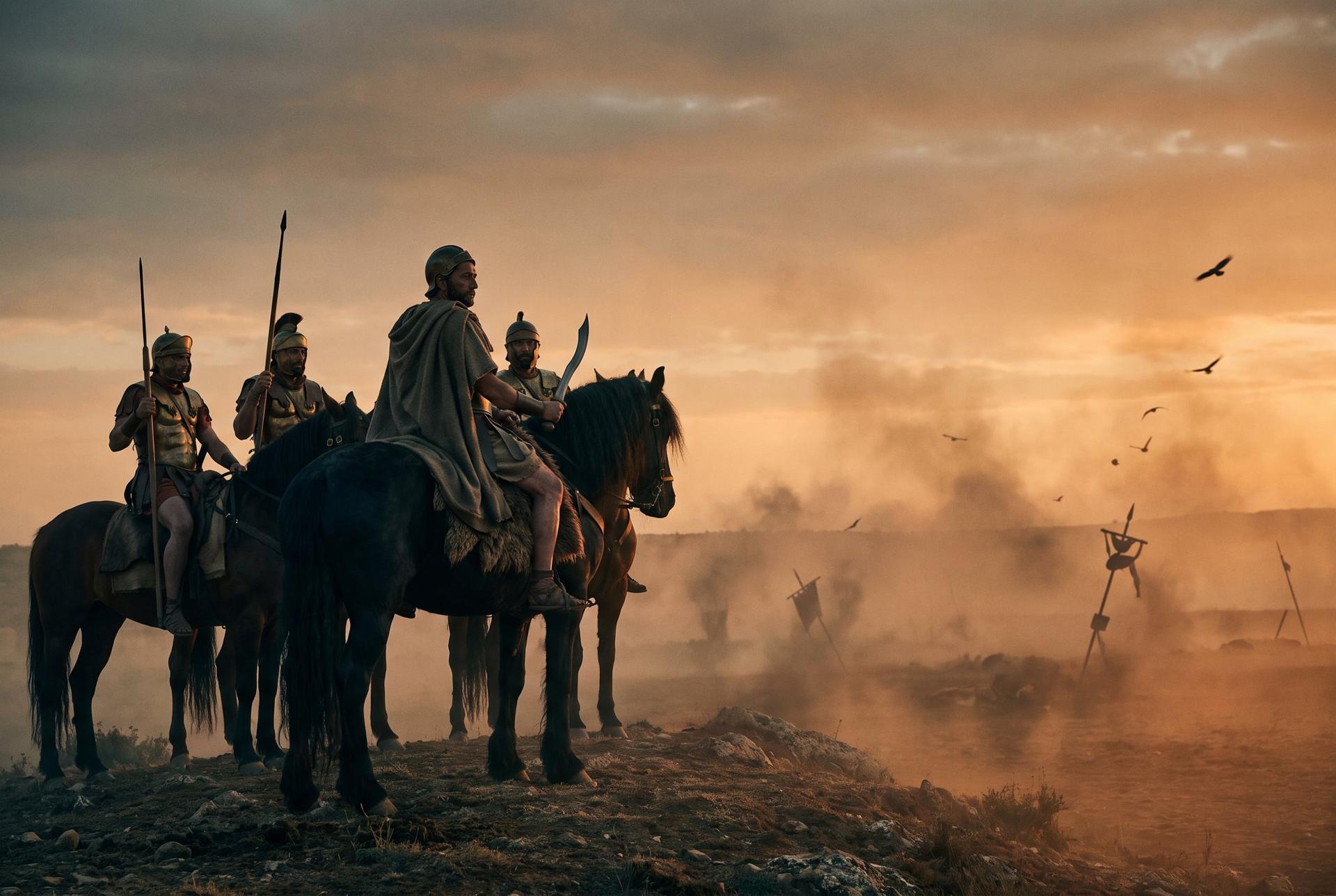 Hannibal on horseback at dusk over the field of Cannae, officers waiting on his word, 216 BC