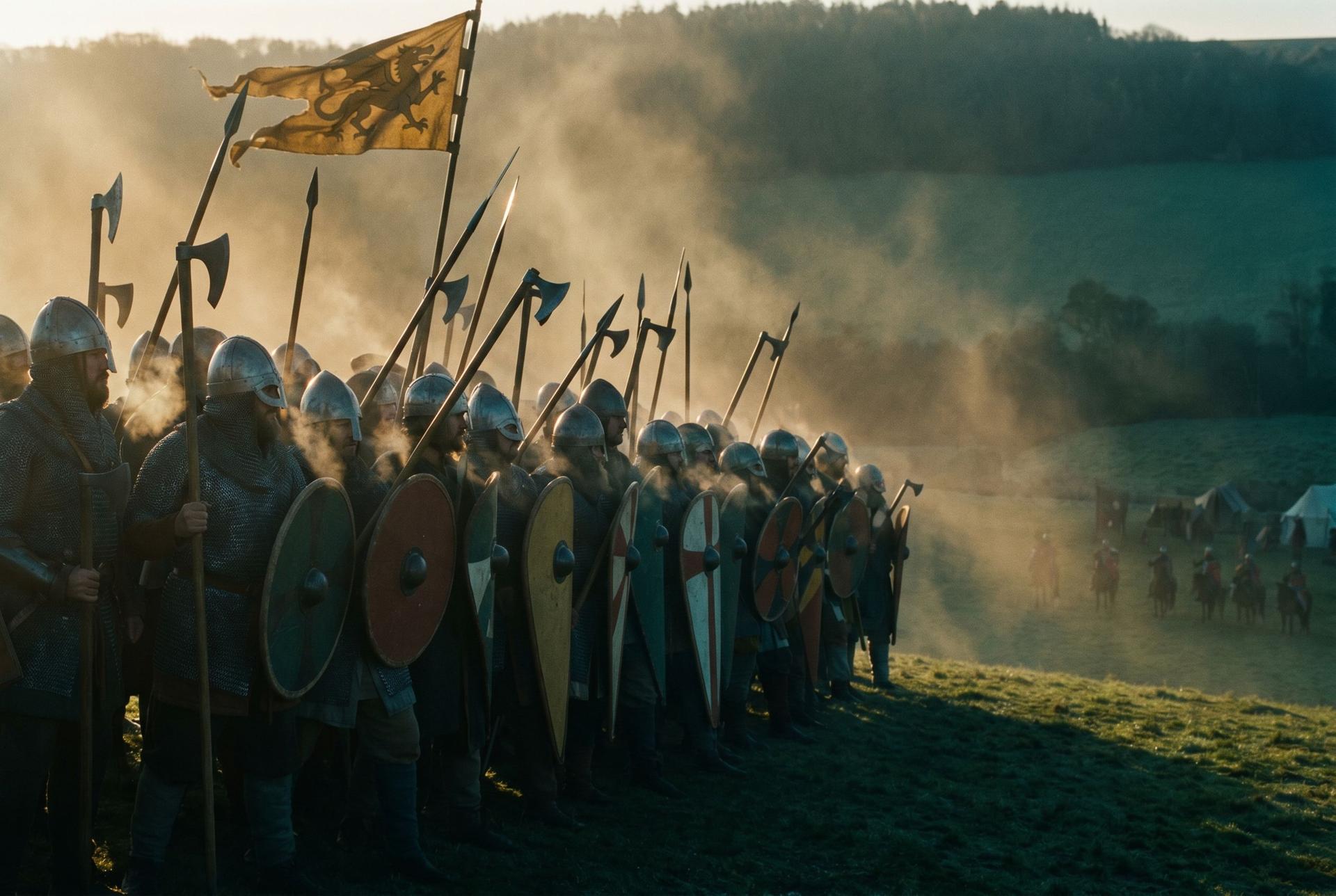 A dense English shield wall on a ridgeline at morning, banners overhead