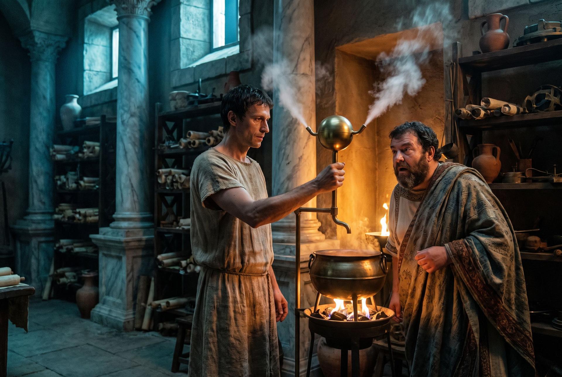 A small brass sphere spins on steam over a brazier in a first-century Alexandrian workshop, a Greek engineer and a merchant watching