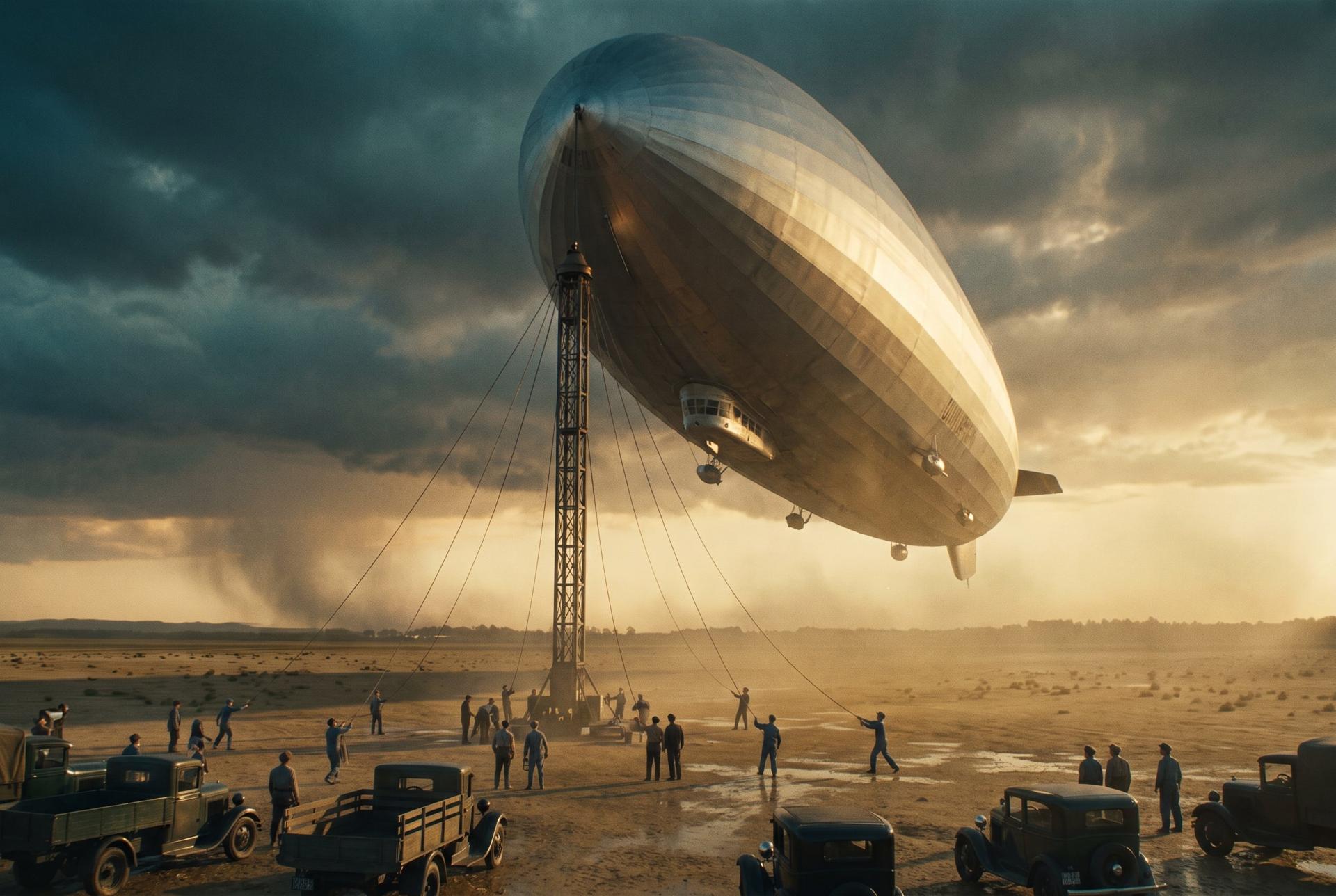 A vast silver airship descends toward a mooring mast in late sunlight as ground crew reach for its lines, 1937
