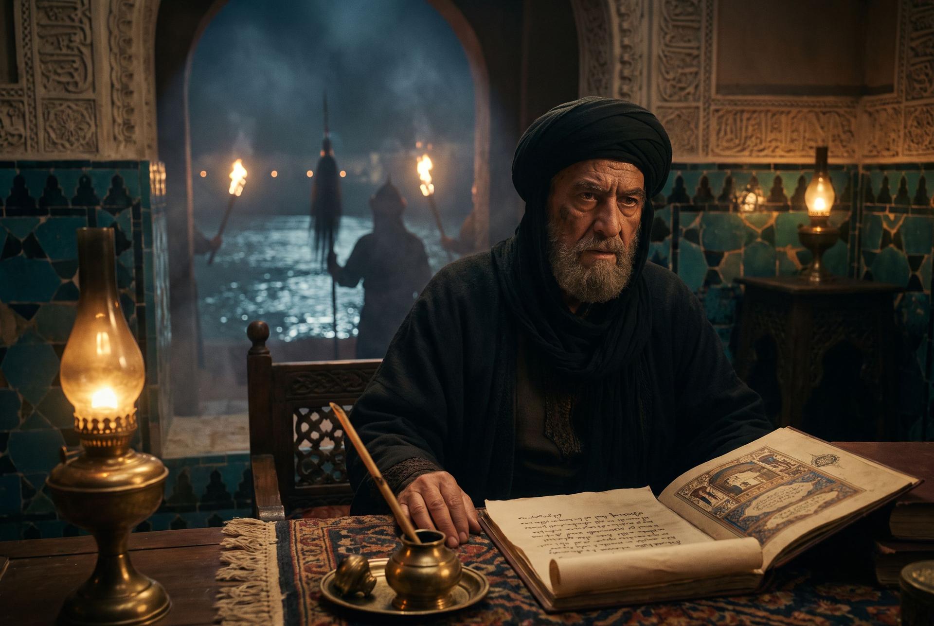 An aging caliph sets down a Mongol envoy's letter beside an inkwell and open manuscript in a lamplit Baghdad hall