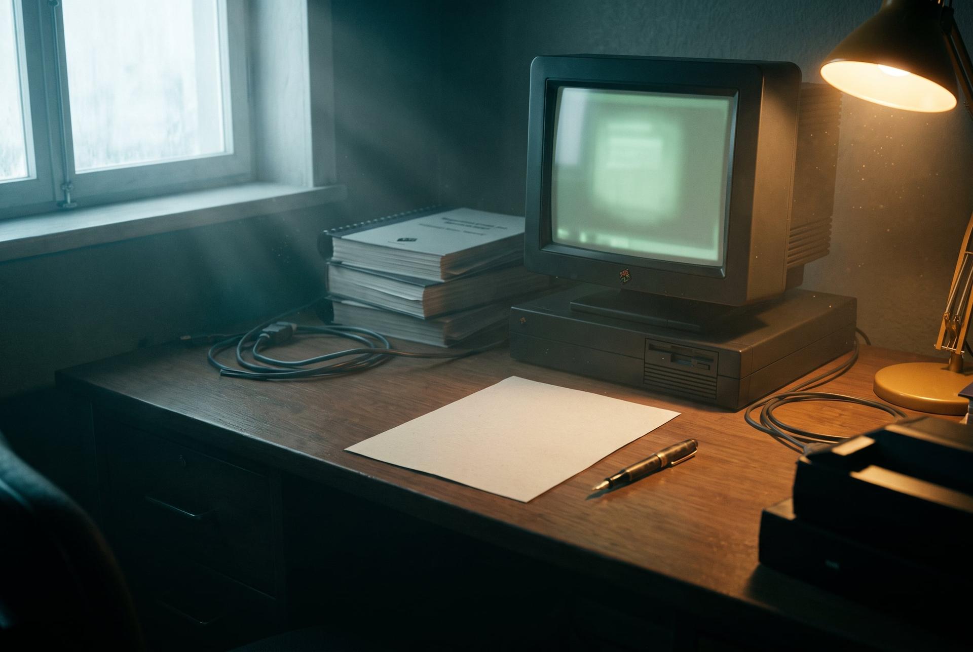 A single unsigned sheet of paper on a desk at CERN beside a black NeXT computer, 1993